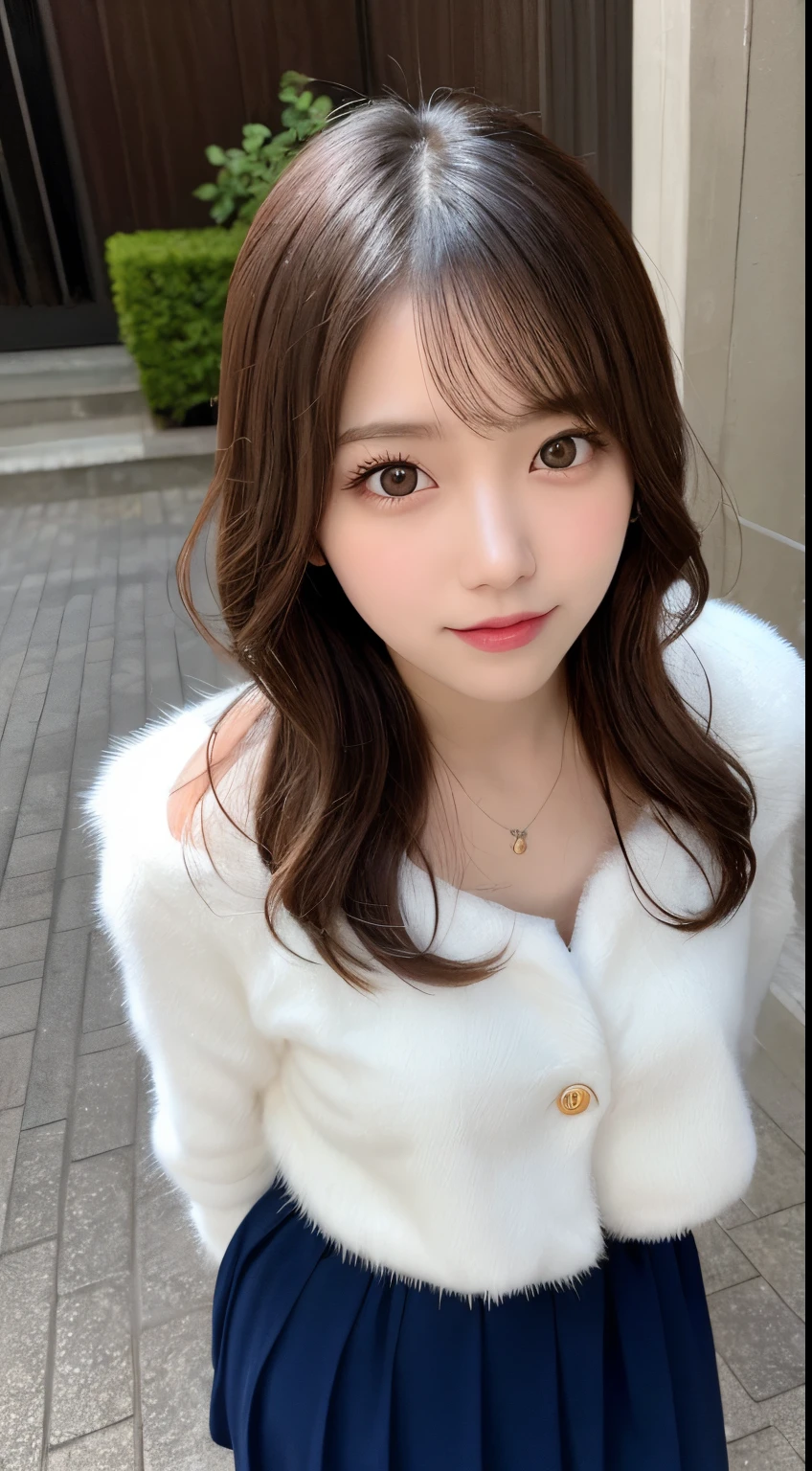 masutepiece, Best Quality, Illustration, Ultra-detailed, finely detail, hight resolution, 8K Wallpaper, Perfect dynamic composition, Beautiful detailed eyes, Women's fashion fluffy winter clothes,Medium Hair,Small breasts natural color lip, Bold sexy poses,Smile,Harajuku、20 years girl、Cute、Sexy shot looking at camera