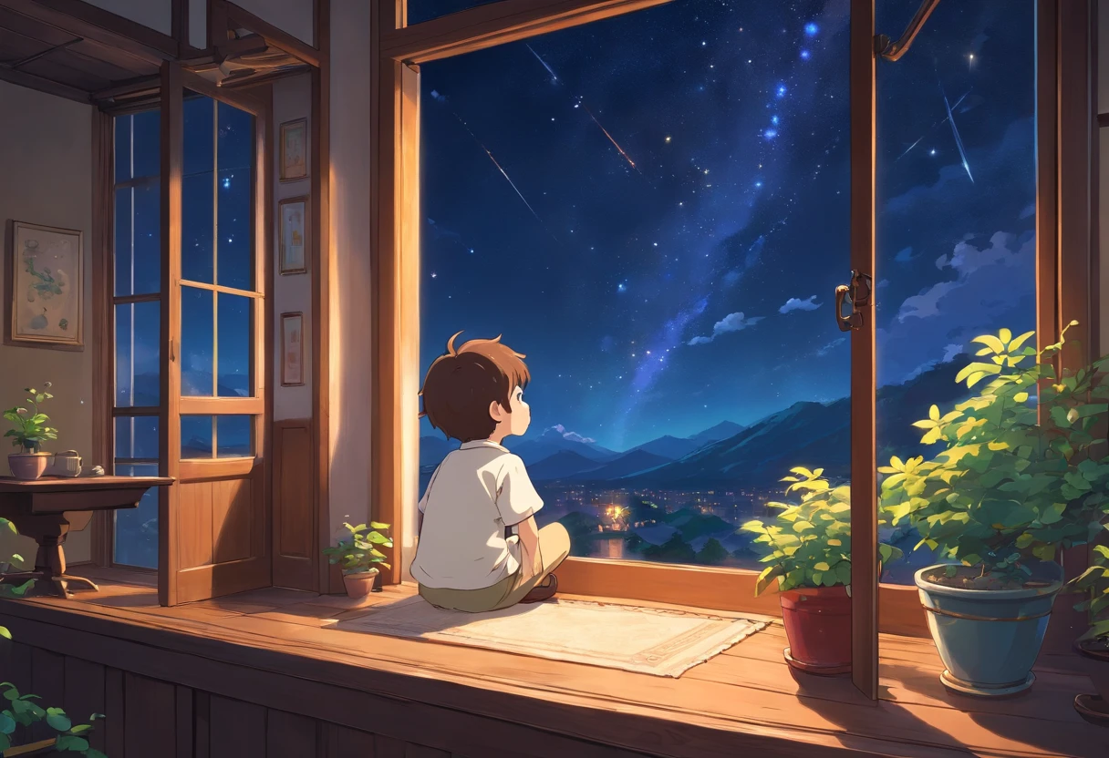 Best quality at best, tmasterpiece, 1 little boy aged 3 years, Alone, stars in night sky, Stars outside the window,White top, terrazzo,Woody,wood planks, Standing and looking at the stars outside the window, Staring at the stars with bright eyes，,Put your hands on the balcony, Eyes full of light and curiosity，Happy and surprised expression，Look out the window，gentlesoftlighting, A half body