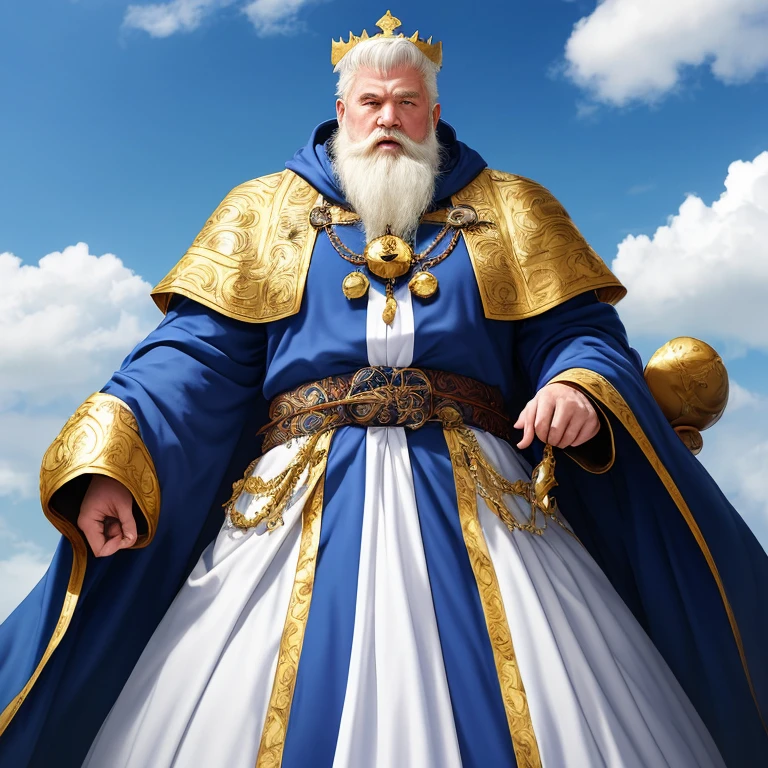 (masutepiece, Highest Quality, Top resolution, Distinct_image, Detailed details): blue cloak and white robe、Golden crown on pale blue hair、a beard、old man with sharp face、Solid body、large shoulders width、Glossy appearance、Distinct shading、big physique、Muscles are visible even through clothes、Composition overlooking a dwarf、der riese、Bulging crotch