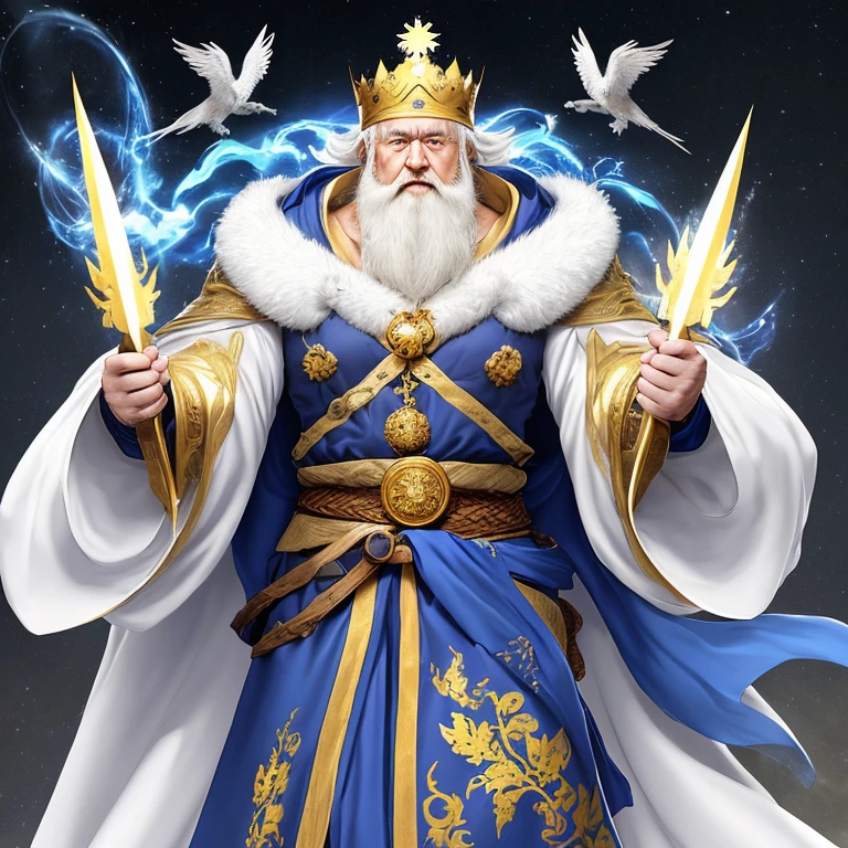 (masutepiece, Highest Quality, Top resolution, Distinct_image, Detailed details): blue cloak and white robe、Golden crown on pale blue hair、a beard、old man with sharp face、Solid body、large shoulders width、Glossy appearance、Distinct shading、big physique、Muscles are visible even through clothes、Composition overlooking a dwarf、der riese、Bulging crotch