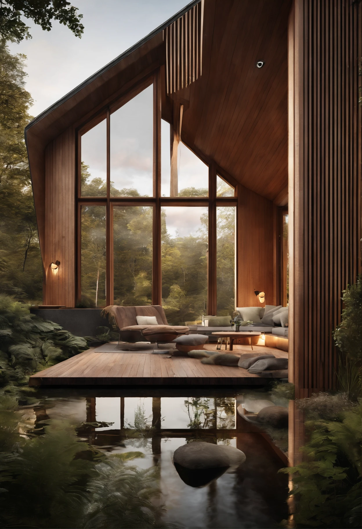 Small single-family duplex house in a Scandinavian nature, standing wood panel, inspiration from Sydney opera house, panorama glass windows, forests, waterfall inside atrium, rocks, natural pond of water