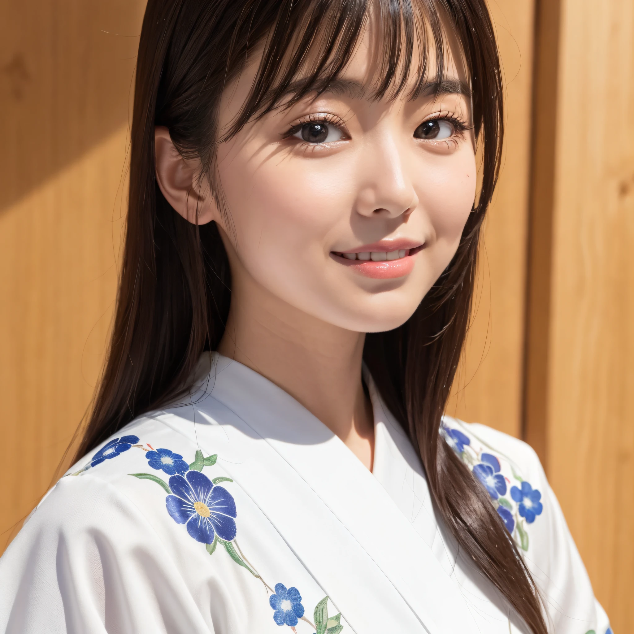 Beautiful woman in neat Japanese clothes、((best qualtiy、8k masterpieces:1.3))、foco nítido:1.2、(ultra beautiful faces:1.0)、(shinny skin:1.0)、photos realistic、A dark-haired、Video Lighting、High-definition eyes and face、Video Lighting、Japan Idol Actress、from the front side、medium breasts、Smile、Slender Abs Beauty、Whole body、In furisode