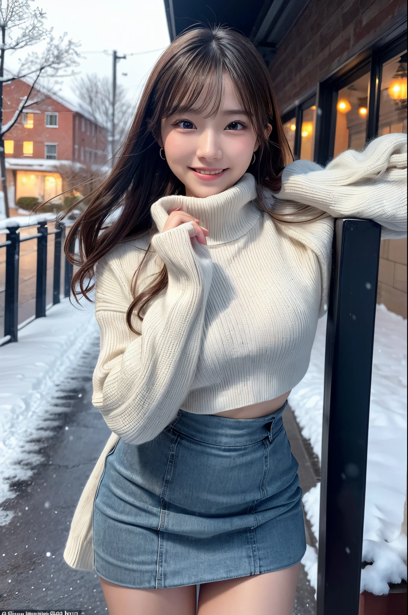 (masutepiece:1.3, Photorealsitic:1.4, 8K), top-quality, masterpiece, 超A high resolution, Perfect dynamic composition, Highly detailed skin and facial texture:1.3, A detailed eye, Detailed limbs, Winters, (snowflakes falling:1.2), Snowfall landscape at night:1.2, 1girl in, Cute sexy 17 year old slim woman, Fair skin, (Snow fell on my body and clothes:1.0), ((A smile:0.9, Totally captivates you:1.0)), (Thick short jacket over long sleeve turtleneck sweater:1.2, High waist mini skirt:1.1), ((voluptuous breasts:1.05)), Short boots, (Facing the front, Frolicking Pose), (Beautiful blue eyes, Eyes that feel beautiful eros:0.85), Sexy face:0.4, (A mouthfeel that feels beautiful eros:0.85), ((Too cute beauty:0.9))