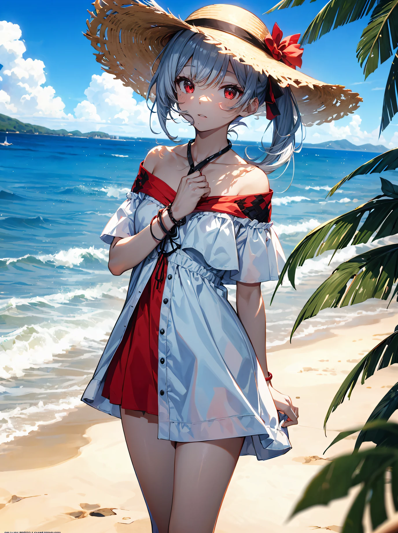 God quality,  anime moe artstyle,best anime 8k konachan wallpaper,badass anime 16k,perfect anatomy, (Please draw A girl in a off shoulder dress walking on the beach. :1.3),break, 1girl, (Solo,Loli,,12-ye-ol5),(d tan skin), Full limbs, complete fingers, long hair, silver hair,  androgynous charm,flat chest, Small butt, groin, Small eyes,beatiful detailed red eyes,Ponytail, anklet, sun hat, in the rural beach. break,ultra-detailed,high resolution,super detailed skin, professional lighting,(god illustration:1.2),