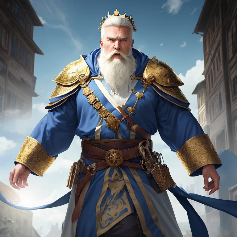 (masutepiece, Highest Quality, Top resolution, Distinct_image, Detailed details): blue cloak and white robe、Golden crown on pale blue hair、a beard、old man with sharp face、Solid body、large shoulders width、Glossy appearance、Distinct shading、big physique、Muscles are visible even through clothes、A composition that extends a hand to a very small person、der riese、The bulge and emphasis of the crotch、Contre-Jour、A small town at your feet