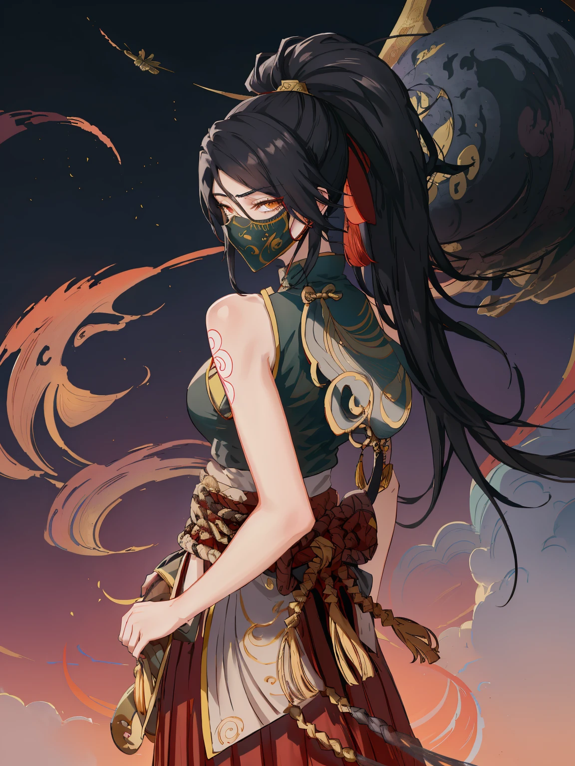 1 plump girl, Full body standing painting, 独奏, Ninja clothes, Gorgeous white dress, Akali, Akali League of Legends, Akali mask, (Block number. 1:1.2),