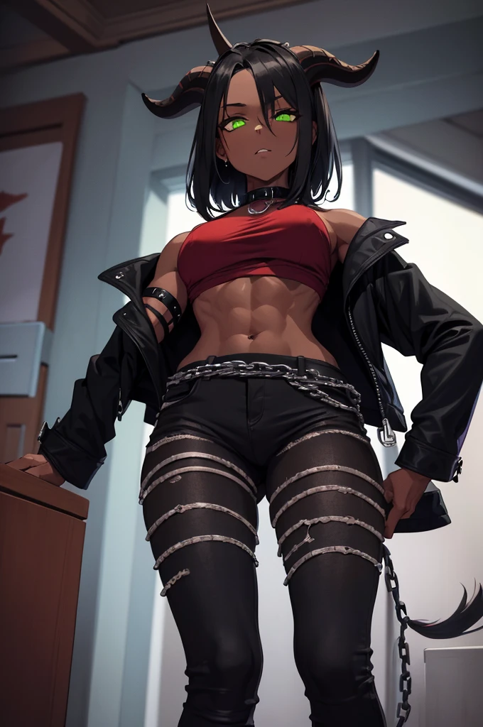 (Masterpiece) (High Detail) (High Res) (Black Skin) Looking from below A tall black humanoid FutEred with dark skin and ebony flesh and green eyes and short black hair and half her head shaved and goat ears and short dark goat horns and a toned body and average to small breasts and dressed in a red jacket with exposed shoulders and jeans with chains and straps like a punk with a crotch bulge