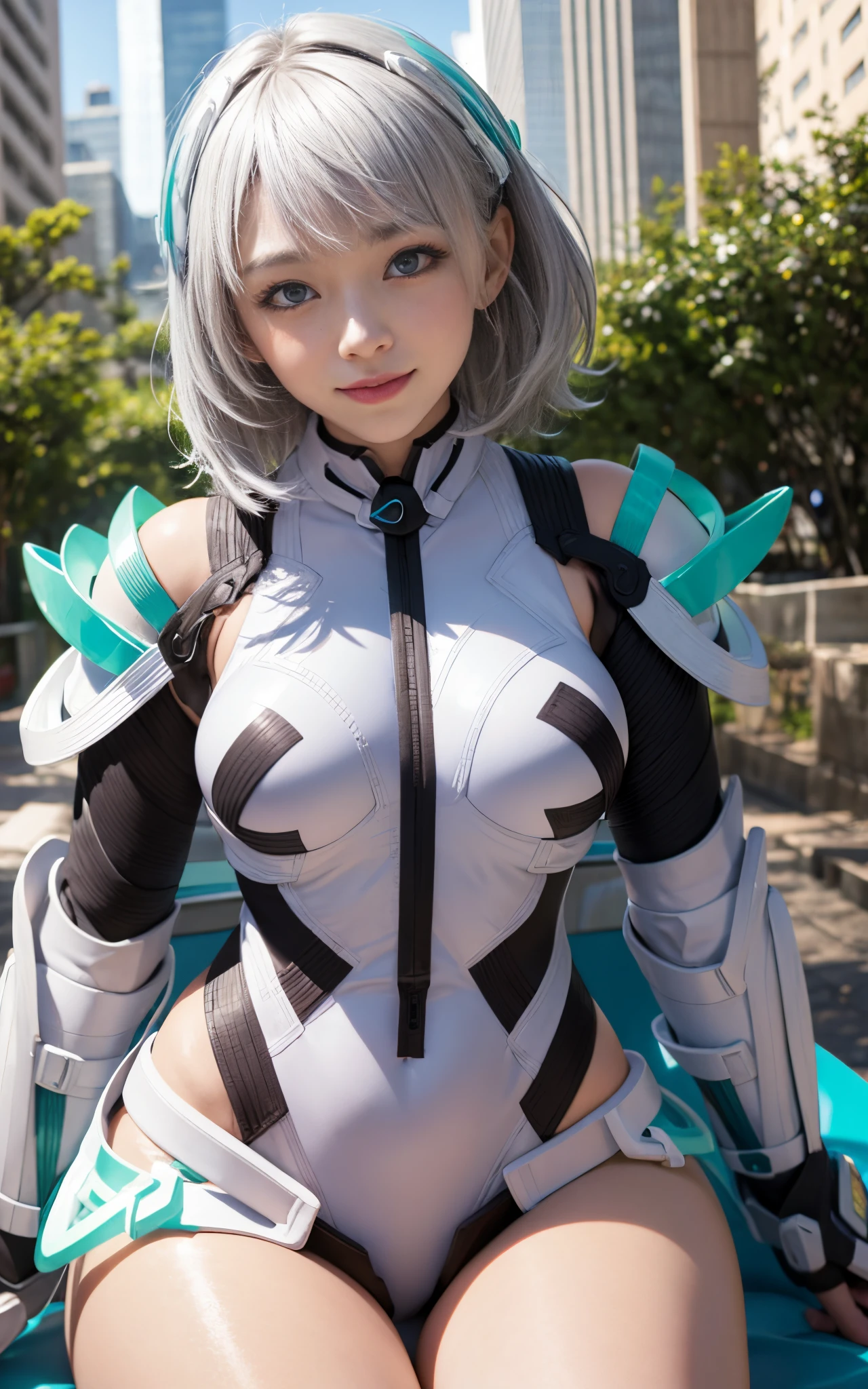 lightsmile, deva battle suit, Outdoors, Silver hair, bobhair, Blue eyes, waist shot