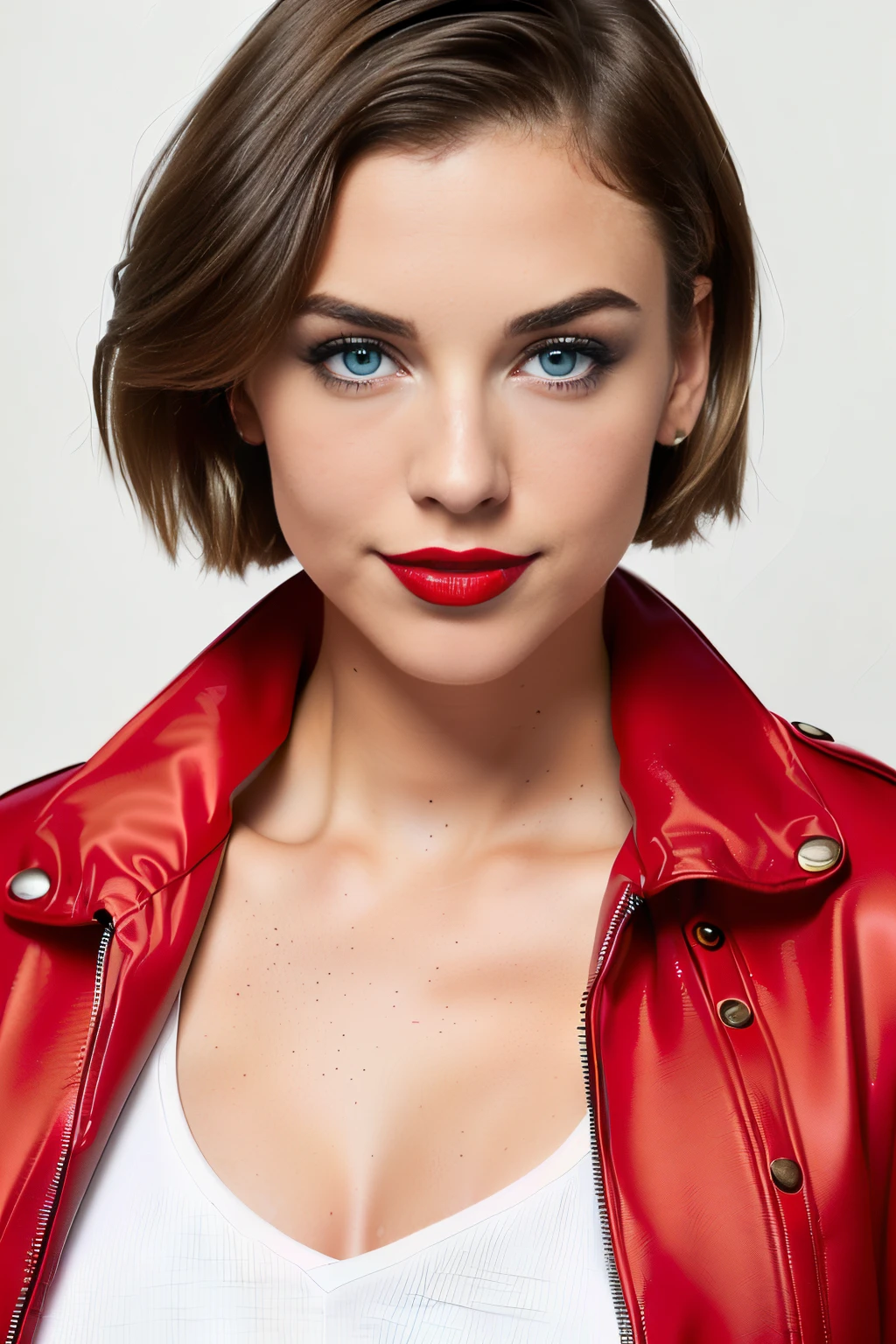 blonde woman, Short hair, light skin, Clear Eyes, wear bright red lipstick, red dress and jacket on a white background