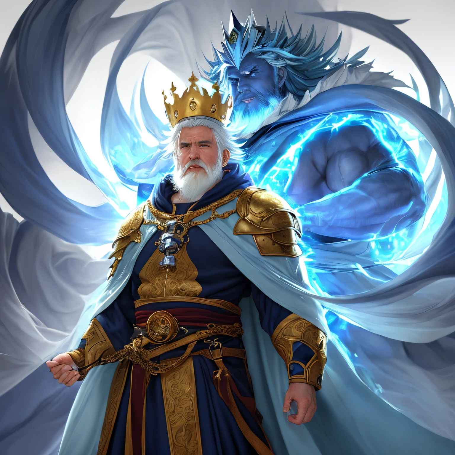 (masutepiece, Highest Quality, Top resolution, Distinct_image, Detailed details): blue cloak and white robe、Golden crown on pale blue hair、a beard、old man with sharp face、Solid body、large shoulders width、Glossy appearance、Distinct shading、big physique、Muscles are visible even through clothes、Composition of reaching out to a very small person、der riese、Bulge and emphasis on the crotch、back lighting、He is a giant and holds a small person in his hands