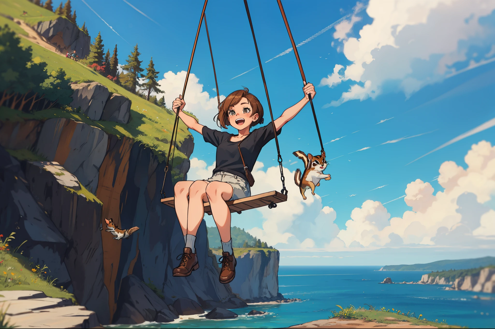 A woman rocks a chipmunk on a swing over a cliff