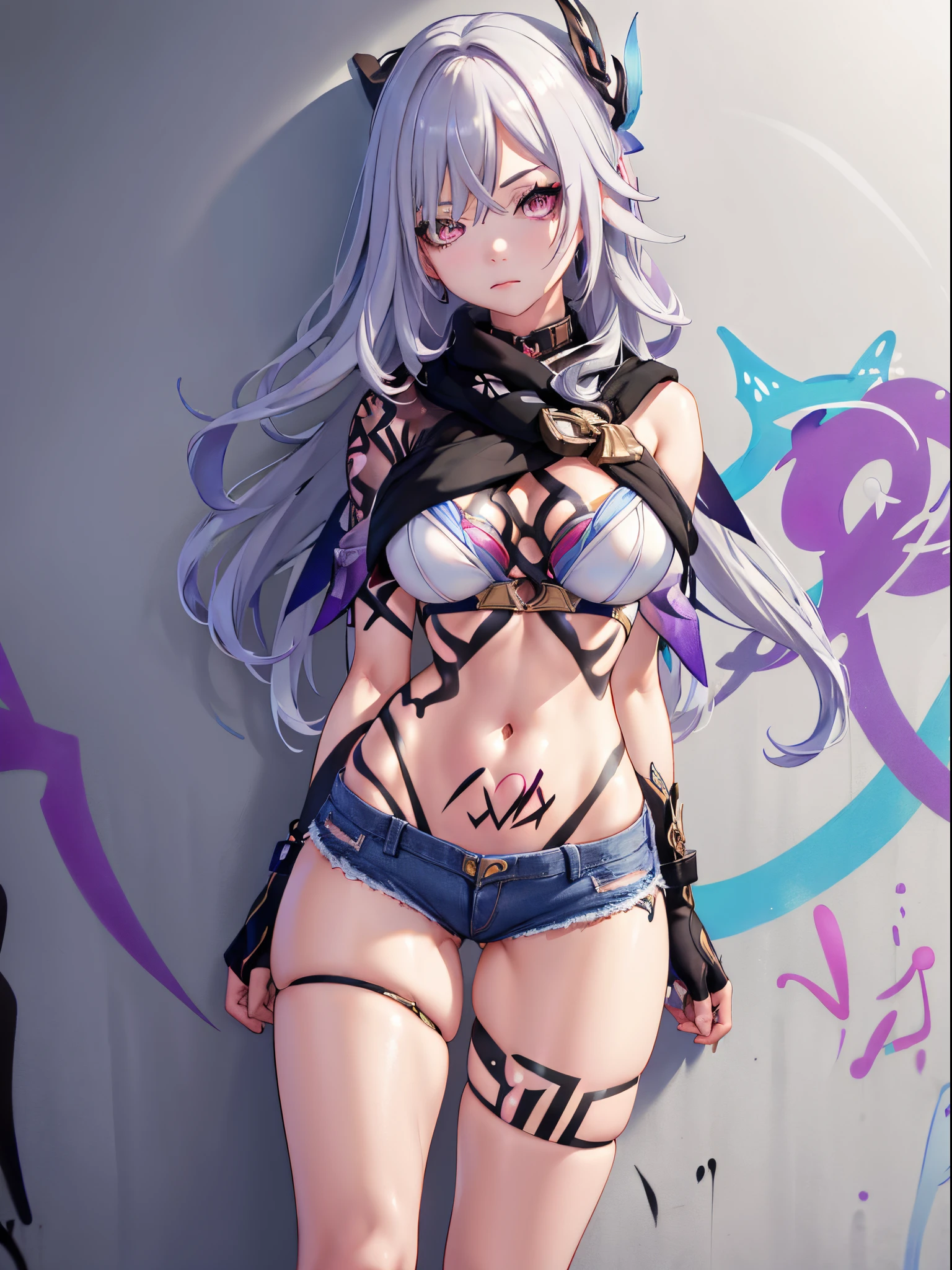 skirk|genshin impact, master-piece, bestquality, 1girl,25 years old, oversized breasts, crop top, shorts jeans, oversized breasts, shorts jeans, (Graffiti:1.5), arm behind back, against wall, View viewers from the front., Thigh strap, Head tilt,