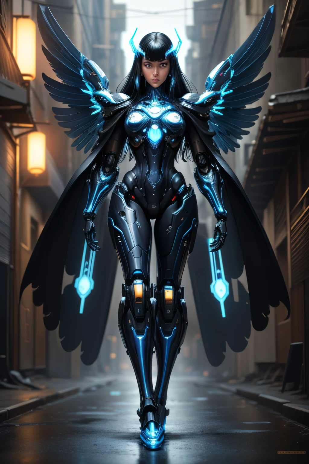 Masterpiece,Best Quality,Ultra-detailed,very detailed illustrations,Extremely detailed,intricate details,hight resolution,super complex details,extremely detailed 8k CG wallpaper, caustics,reflection,Ray Tracing, The woman, (Blue_subject:1.3), (gris_subject:1.3), (mecha musume, Mechanical parts ,robot joints, mechanical arm, Mechanical legs, headdress, intricate mechanical jumpsuit, Wings with mechanical energy), (robes), extra very long hair, black hair, blue eyes, glowing eye, Eye trace, Random expressions, random action, tokyo, City, alley, dark alley, night time, Sateen, neon lights, Detailed background, ((Masterpiece)), absurdress, HDR, (Classic headshot pose), extremely detailed 8K wallpaper,Cyberpunk city,Masterpiece,hight resolution