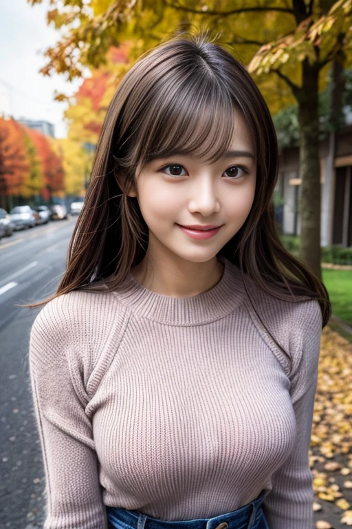 A happy smile looking at this、(masutepiece:1.3, Photorealsitic:1.4, 8K), top-quality, masterpiece, 超A high resolution, Perfect dynamic composition, Highly detailed skin and facial texture:1.3, A detailed eye, Detailed limbs, Under the Autumn Sky、Colorful sweater、:1.2, 1girl in, Cute sexy slim woman, Fair skin, (Dead leaves fell on my body and clothes.:1.0), ((A smile:0.9, Totally captivates you:1.0)), a miniskirt:1.1), ((small tits、:1.05)), Short boots, (Facing the front, Frolic Pose), (Beautiful brown eyes, Eyes that feel beautiful eros:0.85), Sexy face:0.4, (A mouthfeel that feels beautiful eros:0.85), ((Too cute beauty:0.9))