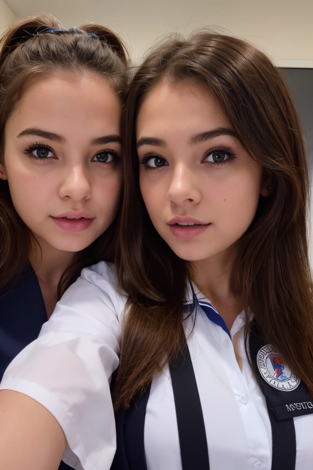 2 young girls, Beautiful girl of the highest grade, Super beautiful detailed face, (Hermosos pechos), (hi-Uniforme escolar), (Pechos desnudos), (Detalles de un rostro muy bonito), (La mejor calidad:1.4), 8K resolution, High resolution, (fotorrealista, High resolution:1.4), Foto RAW, (realista, Fotorrealista:1.37), Brillo en los labios, Cabello largo, labios separados, Staring at me, escuela, Classroom,