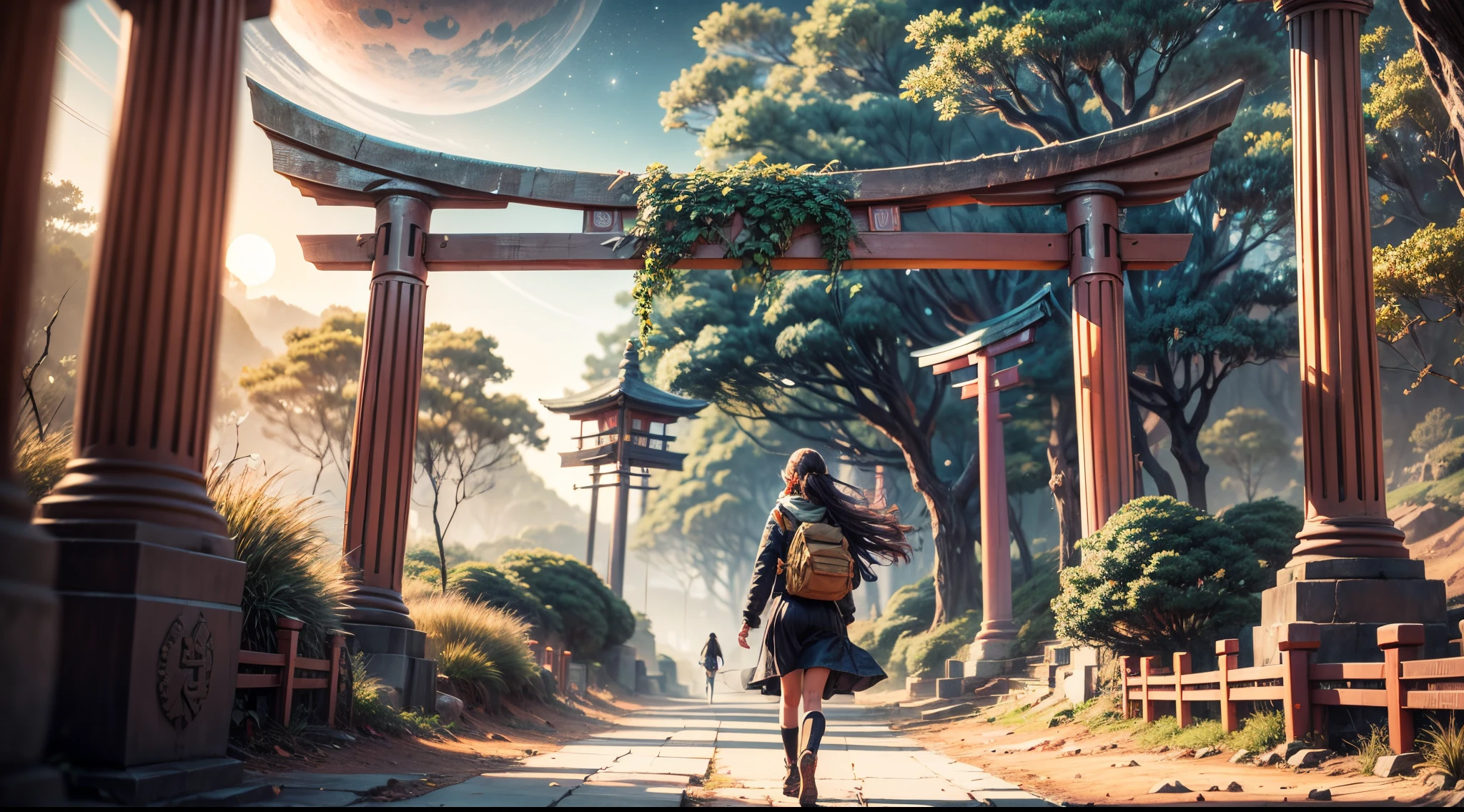 "((Adventurous)) girl walking through the Torii Gate, entering a world of Myst. The science fiction backdrop features a distant planetes against a fantastic landscape. Golden hour lighting enhances the ((ethereal)) ambiance. High-quality, detailed, Torii Gate, Myst, science fiction, planetes."