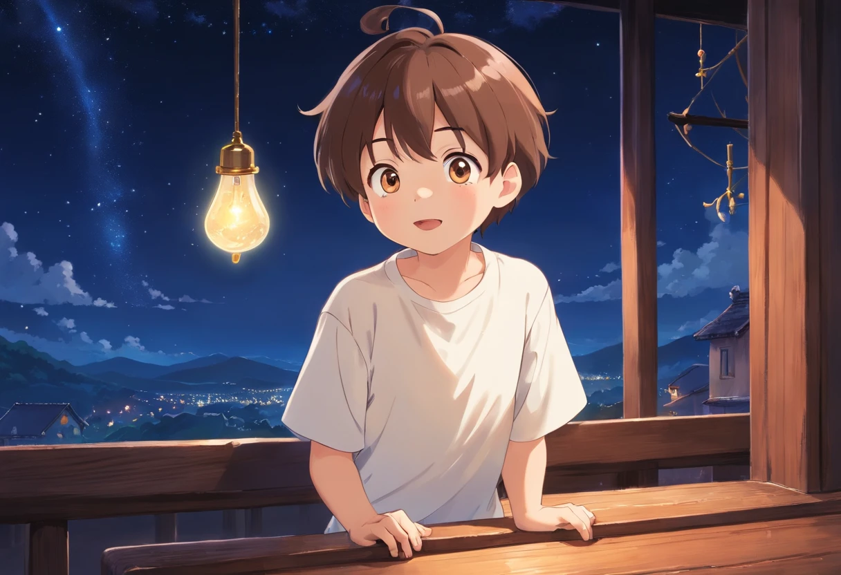 Best quality at best, tmasterpiece, A cute little boy of three years old,Short brown hair,Wearing a white top, Alone,As estrelas,nigh sky, Look at the stars outside the window,White top, White color blouse,terrazzo,wood planks, Staring at the stars with bright eyes,Put your hands on the balcony, Eyes full of light and curiosity,Happy and surprised expression,gentlesoftlighting, A half body