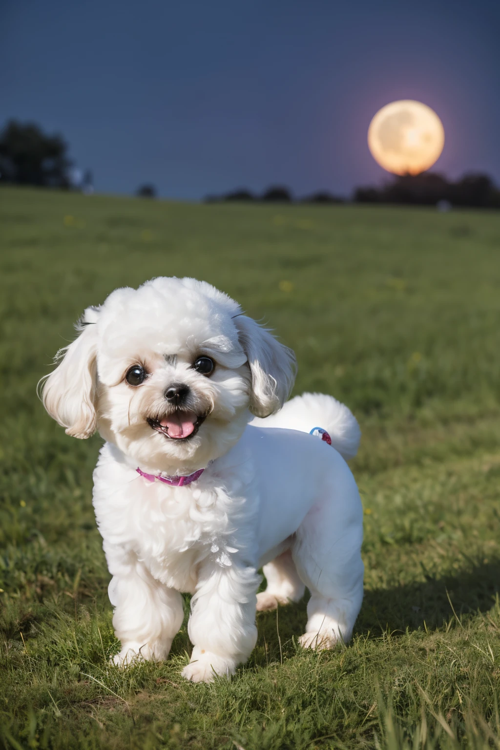 In the moonlit night, one is a Bichon Frize,small dog,adolable,Leakage throughout the body,being in the grassland