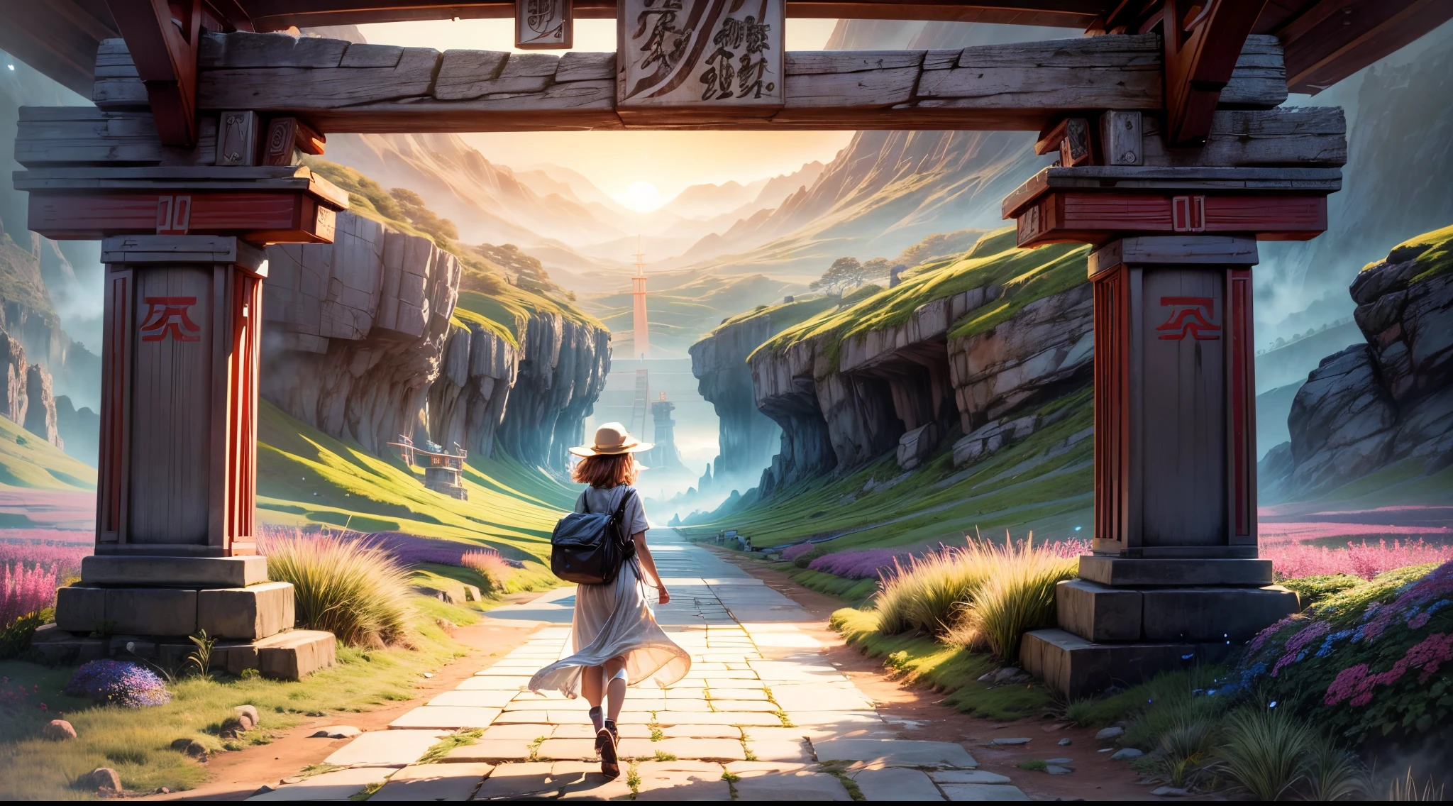 "((Adventurous)) girl walking through the Torii Gate, entering a world of Myst. The science fiction backdrop features a distant planetes against a fantastic landscape. Golden hour lighting enhances the ((ethereal)) ambiance. High-quality, detailed, Torii Gate, Myst, science fiction, planetes."