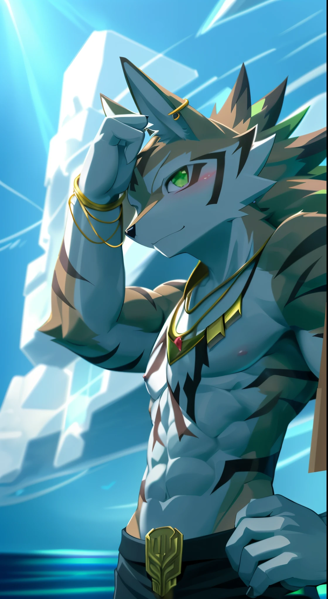Seto (Tokyo After-School Summoners), Seto(Wandering Longing), Seth (it), Seto, Kazuma Koda, coyote, gold necklace, Gold jewelry, Ear piercing, Green Eye, Grey Body, white body, Brown Body, stripes, Striped body, Muscular men, High Quality, 8K, high image quality, NSFW Works, pixiv, colorful background, bright background, Business card, shadowy, Muscular, blush, A composition where the whole body is visible, The right ratio, the ocean, sunlights, Sexy