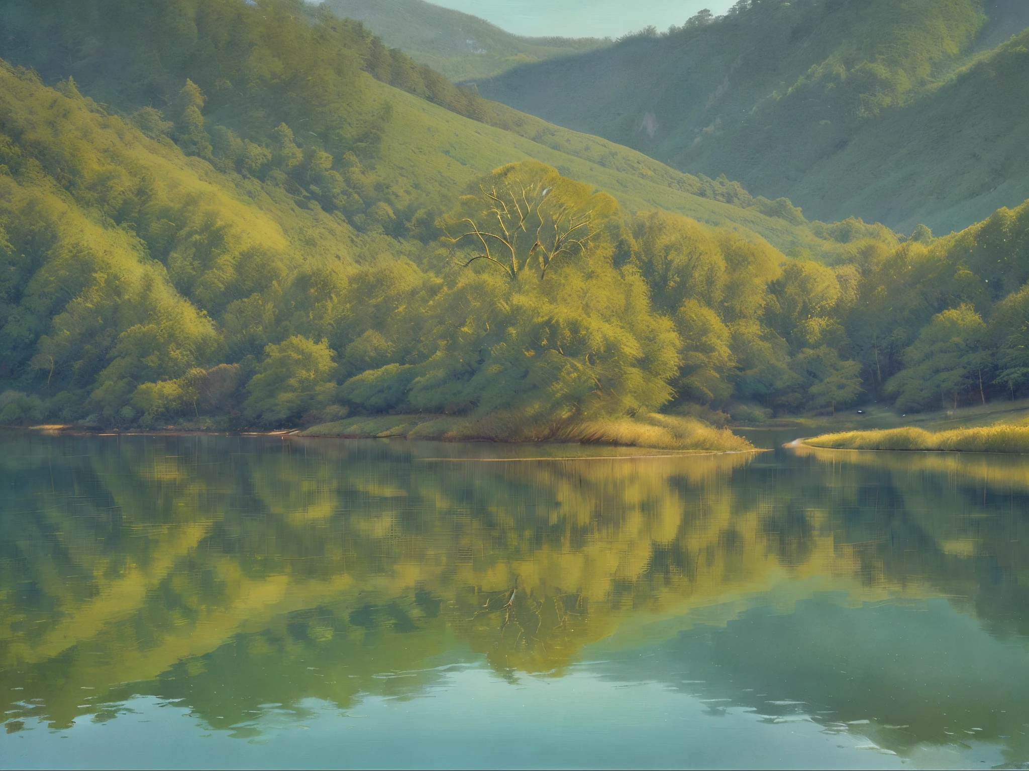 A serene and calming shade of teal, this image captures the essence of tranquility. The primary subject, meticulously portrayed, showcases a stunning landscape painting. With its intricate brushwork, the image reveals a breathtaking scene of rolling hills and a picturesque lake, reflecting the clear sky above. The vibrant teal tones create a sense of peacefulness, while the meticulous detailing brings the painting to life. Every stroke of the artist's brush is evident, imbuing the image with a sense of authenticity. This high-quality piece of art stirs the viewer's emotions and transports them to a serene and idyllic world.