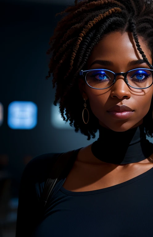 une femme noire aux yeux bleus et aux lunettes. Scientifique aux longs cheveux noirs et bouclés, sans audience