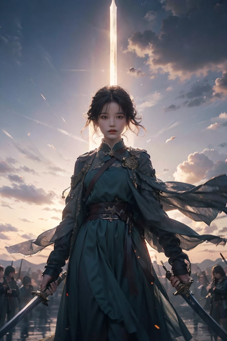 tmasterpiece，Ultra high quality，artwork of a，Perfectcomposition，1 girl，Waving the sword in the sun，Handsome girl，short detailed hair，Multiple long swords floating，wanjianguizong，jianjue，