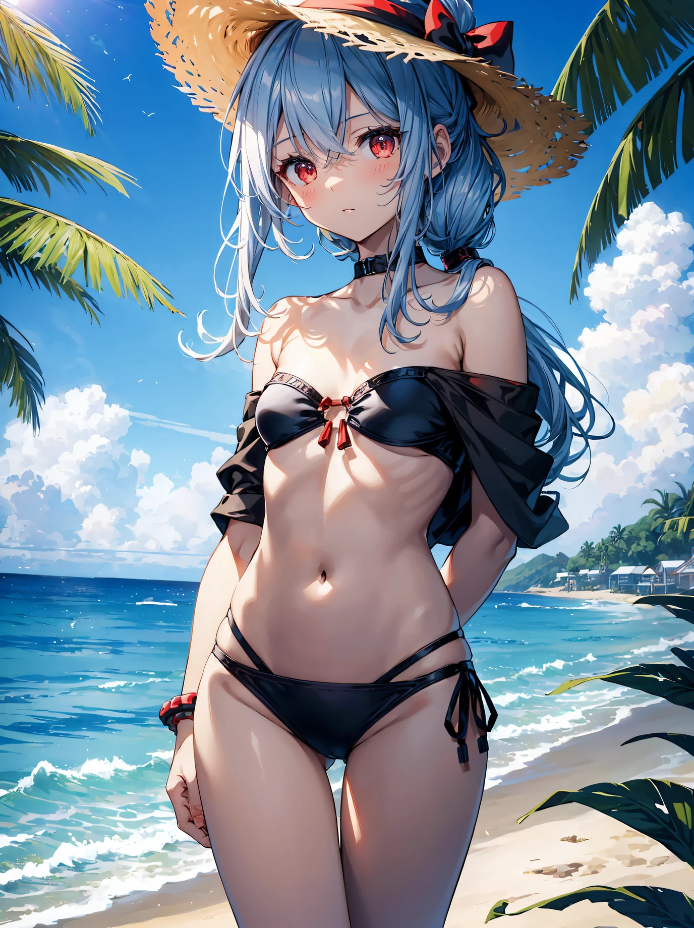 God quality,  anime moe artstyle,best anime 8k konachan wallpaper,badass anime 16k,perfect anatomy, (Please draw A girl in a off shoulder bikini walking on the beach. :1.3),break, 1girl, (Solo,Loli,child,12-year-old:1.5),(dark tan skin), Full limbs, complete fingers, long hair, silver hair,  androgynous charm,flat chest, Small butt, groin, Small eyes,beatiful detailed red eyes,Ponytail, anklet, sun hat, in the rural beach. break,ultra-detailed,high resolution,super detailed skin, professional lighting,(god illustration:1.2),