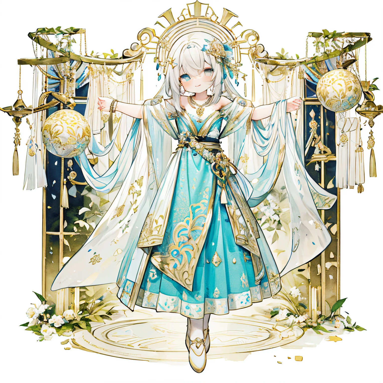 Transparent watercolor,girl with,Jewel Eyes,Beautiful arrangements and motifs、A slight smil、Originality、GAMECHARACTER DESIGN、ornamented、ren、 Detailed picture , depth of fields , Fantastic, Beauty、Transparency、Lustrous hair、GAMECHARACTER DESIGN、(one girls:1.0)、spreading arms widely、(closing eye:1.0)、Smiling mouth、Clothes shaking、dance、quay、ballet、dedication dance、ornamented、doress、Fluttering、aristocratic dance、kirakira、Long hem、reflecting light、Dance hall、very long dress hem、a necklace、bulging hem、Jewelry Hair Ornaments、white and yellow motif dress、circle dance、Full body illustration