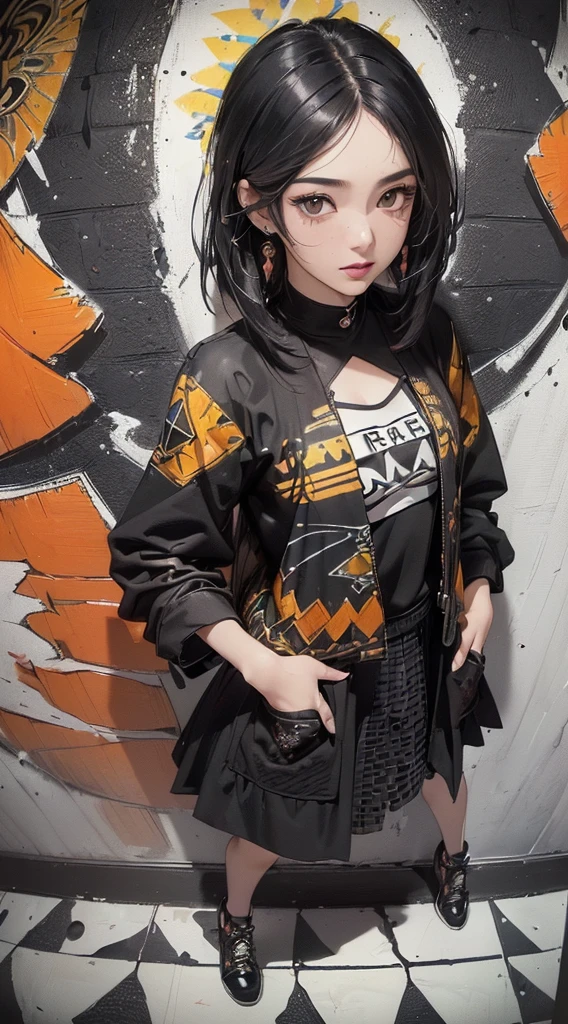(((8k wallpaper of extremely detailed CG unit:1.2, masterpiece, hight resolution:1.2, top-quality:1.2, masutepiece))), ((a very beautiful woman, Hands in pockets:1.8, Grunge Fashion:1.2, Wear a jacket:1.2, wearing skirt, Wearing shoes)), ((extra detailed face, Highly detailed black eyes, extra detailed body, Top quality real texture skins)), (A dark-haired, length hair, de pele branca, Small:1.2), ((Colorful geometric patterns are painted all over the wall.., Colorful wall)), (high-angle:1.2, Fisheye:1.3), hyper realisitic, digitial painting,