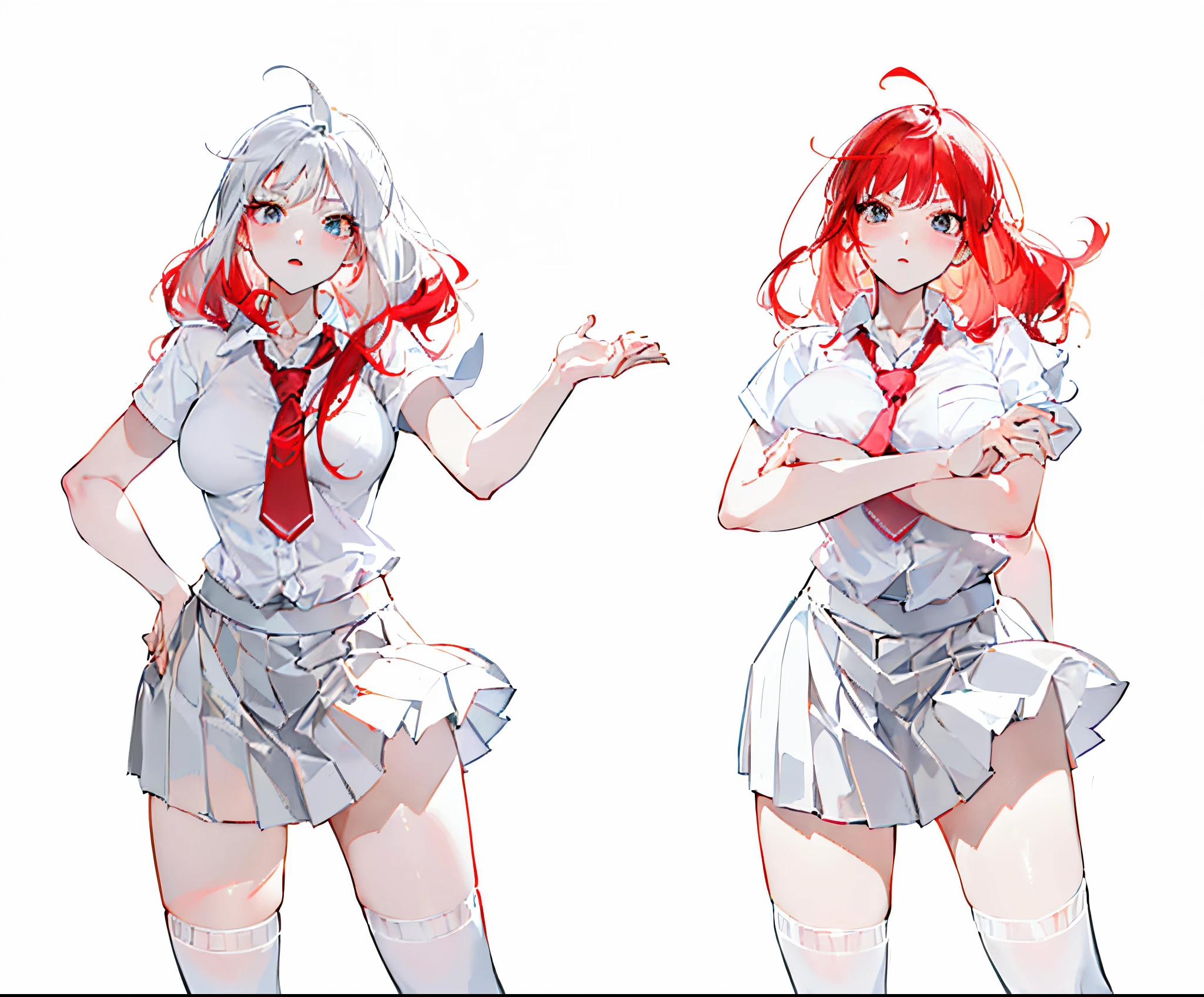 (simple background, WHITE background: 1.3) natural lighting, character design, anime girl in a school uniform with red hair, wearing a white shirt with a grey tie, wearing a grey skirt and white stocking, anime-style character, in flat anime style shading, in the art style anime, in anime style, anime character