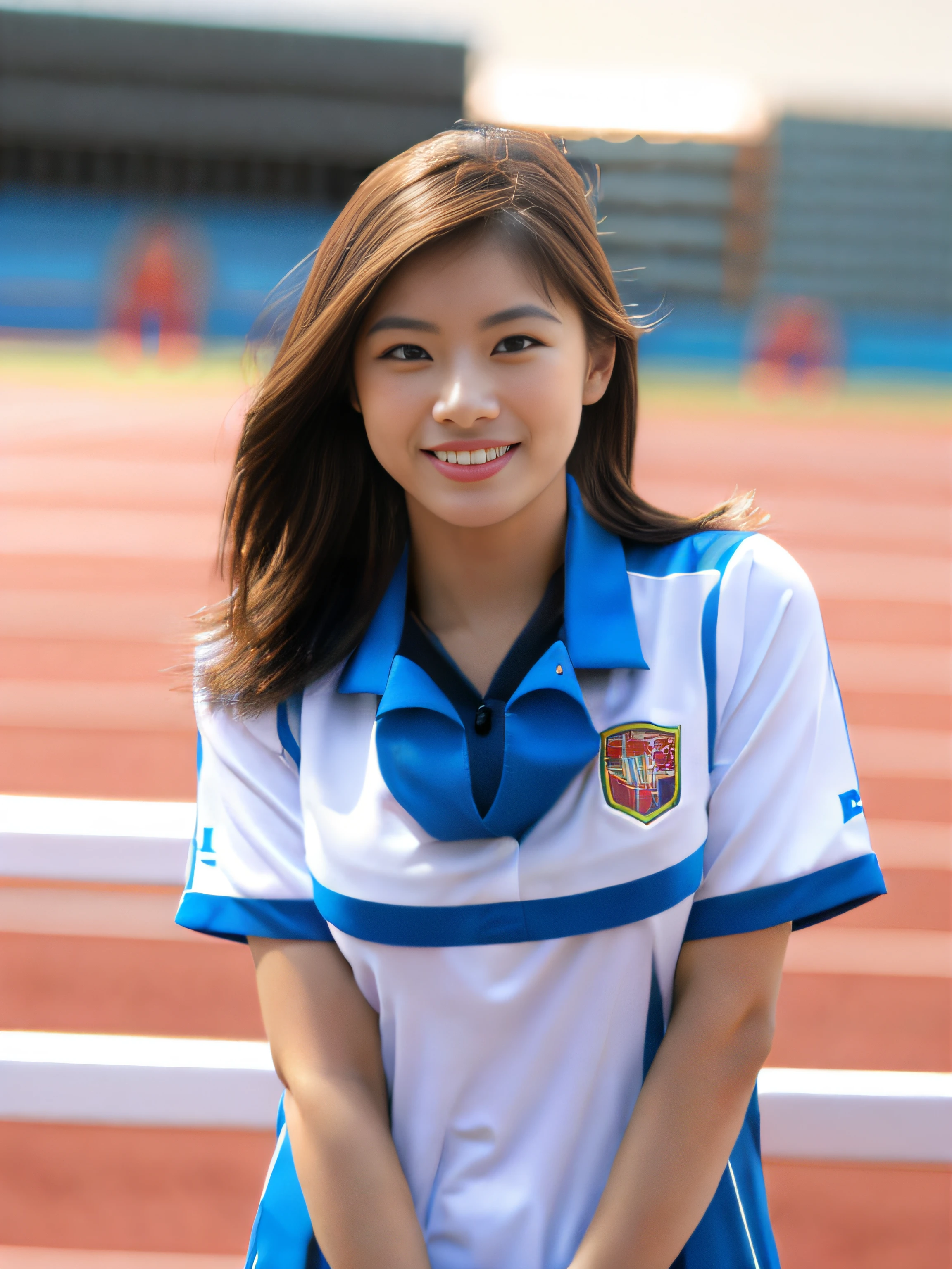 (The highest image quality:1.35), High quality, (8K:1.3), Realistic Photos, (One beautiful woman:1.33), Beautiful expression, (Eyes and faces with detailed:1.3), (Lustrous hair:1.3), (muscular body:1.2), (Woman practicing in the athletics field), Smiling, (Beautiful lighting:1.3), Super Detail, high detailing, High quality, High resolution, (Sporty physique:1.2), (Large breasts:1.3), (able to see shape of nipple:1.2), (Very short hair:1.33), (Beautiful woman), (Cute navel:1.2), (From head to knee:1.4), (Standing Pose:1.3), (Depth of field f/1.8), (View Camera Lens:1.35), Sharp Focus, Raw photo, (Track and field uniform:1.45),