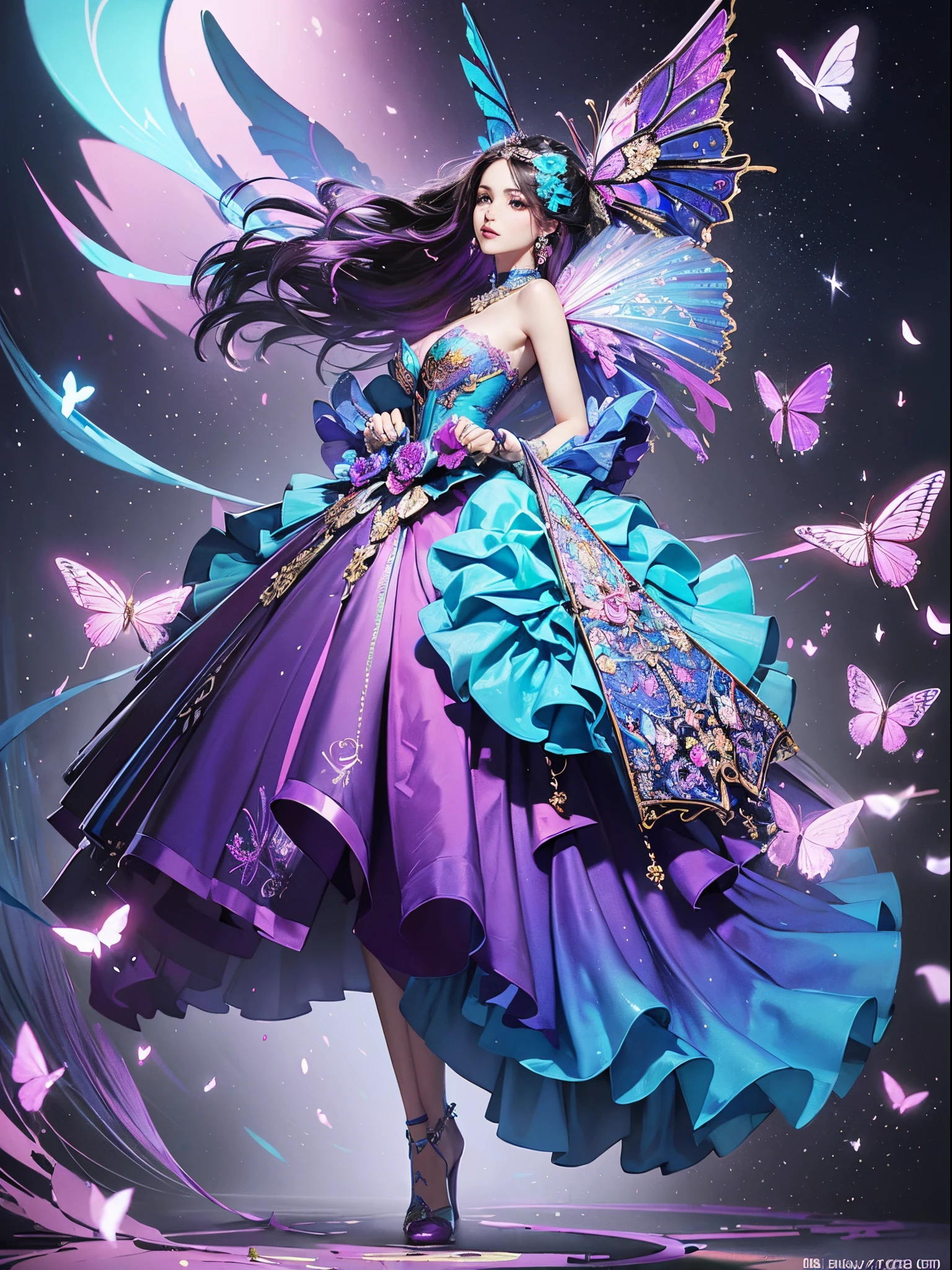 Butterfly motif、magenta and blue tones、Vibrant colors、((masterpiece)))、(((top-quality)))、((ultra-detailliert))、(A hyper-realistic)、(highly detailed CGillustration)、Official art、Decadent、Madame Papillon、Cool Beauty、Warsaw in the first half of the 20th century、Masquerade、refinement、Elegance、Gorgeous、、Colorful and detailed mask design、matchless beauty、Fans、gorgeous dress、jewely、Perfect Angle、perfect-composition。full body Esbian