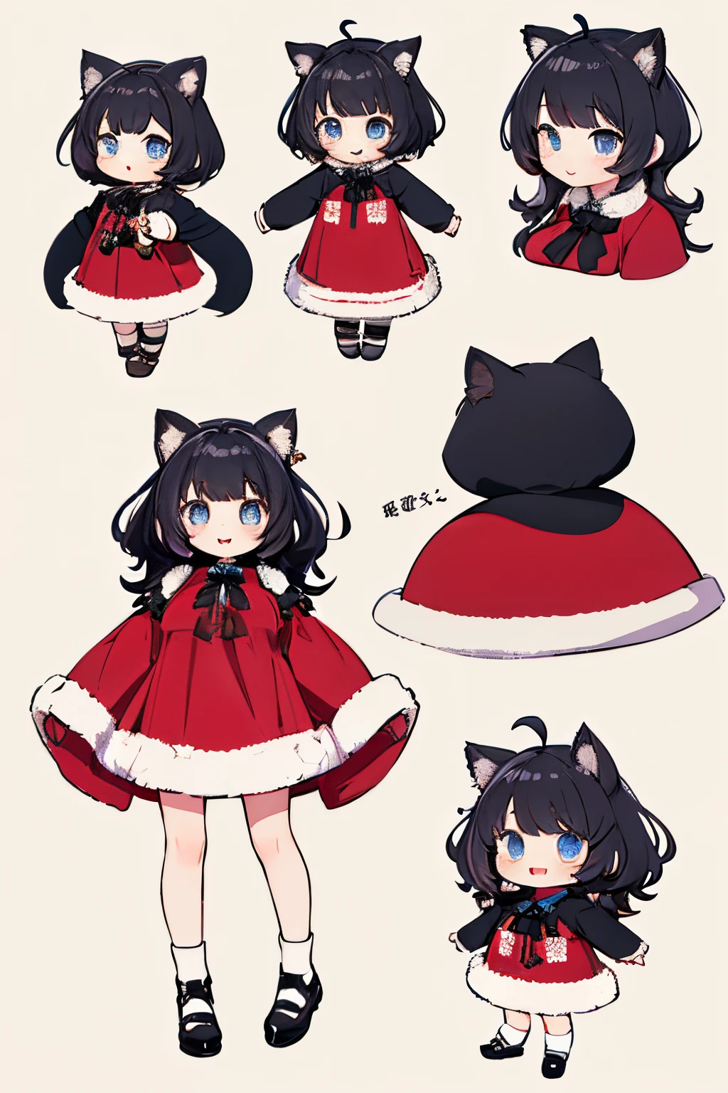 Looking at Viewer,、Cute backgrounds, 1girl in, Open mouth, Smile, Virtual Youtuber、girl with、((Best Quality, high_resolution, Distinct_image)),(Black hair), (Black cat ears), (Ahoge), (absurdly short hair), (Wavy Hair), (Blue eyes),、A smile、,(wearing shoes on feet)、large full breasts、((concept-art))、((View Viewer))。((View of the valley))dressed as santa。Chibi。Mini。Chibi Chara。Very low height