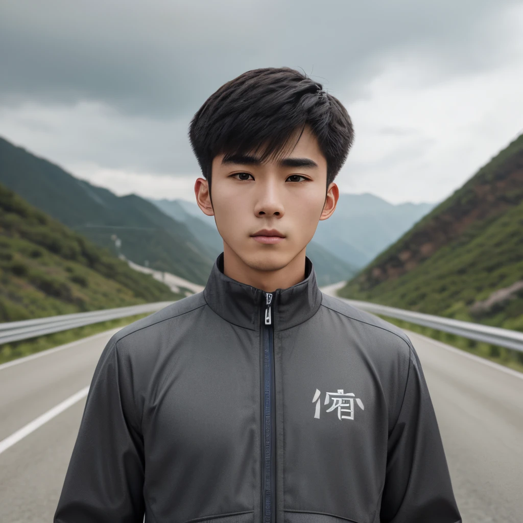 (18 year old boy) (inch head front thorn) (Lei Jiayin) (Zhu Yilong) (national character face)) (background: highway on the mountain) (gray sportswear) (weather: cloudy) (Character Status: In Motion, Sweating) (Bust) (Super Detail Face)