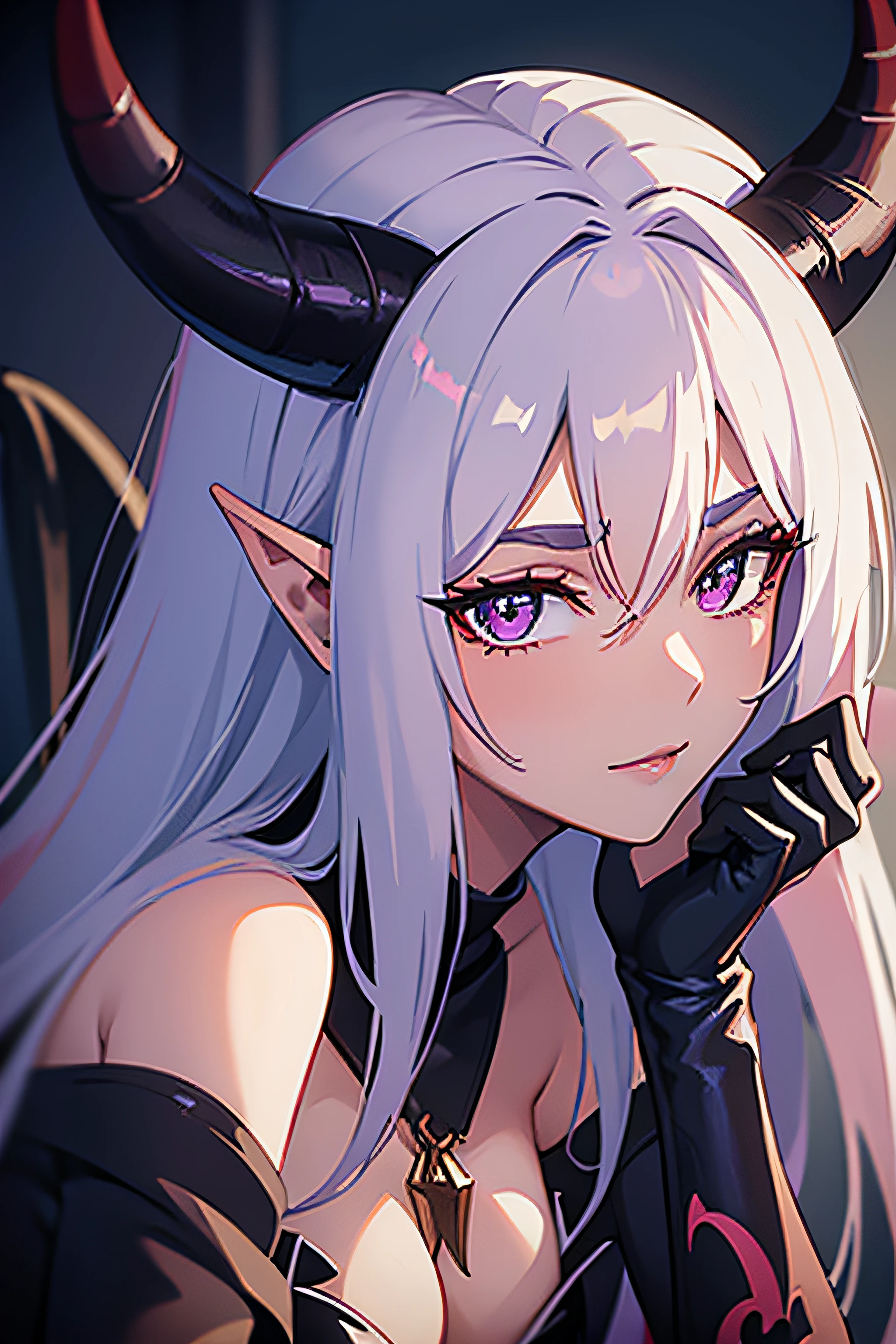 anime girl with horns and a black dress holding a sign, demon girl, demon anime girl, neferpitou, succubus, with horns, gapmoe yandere grimdark, horns and red eyes, nefarious smirk, dark elf, mika kurai demon, portrait of demon girl, beautiful succubus, succubus in tight short dress