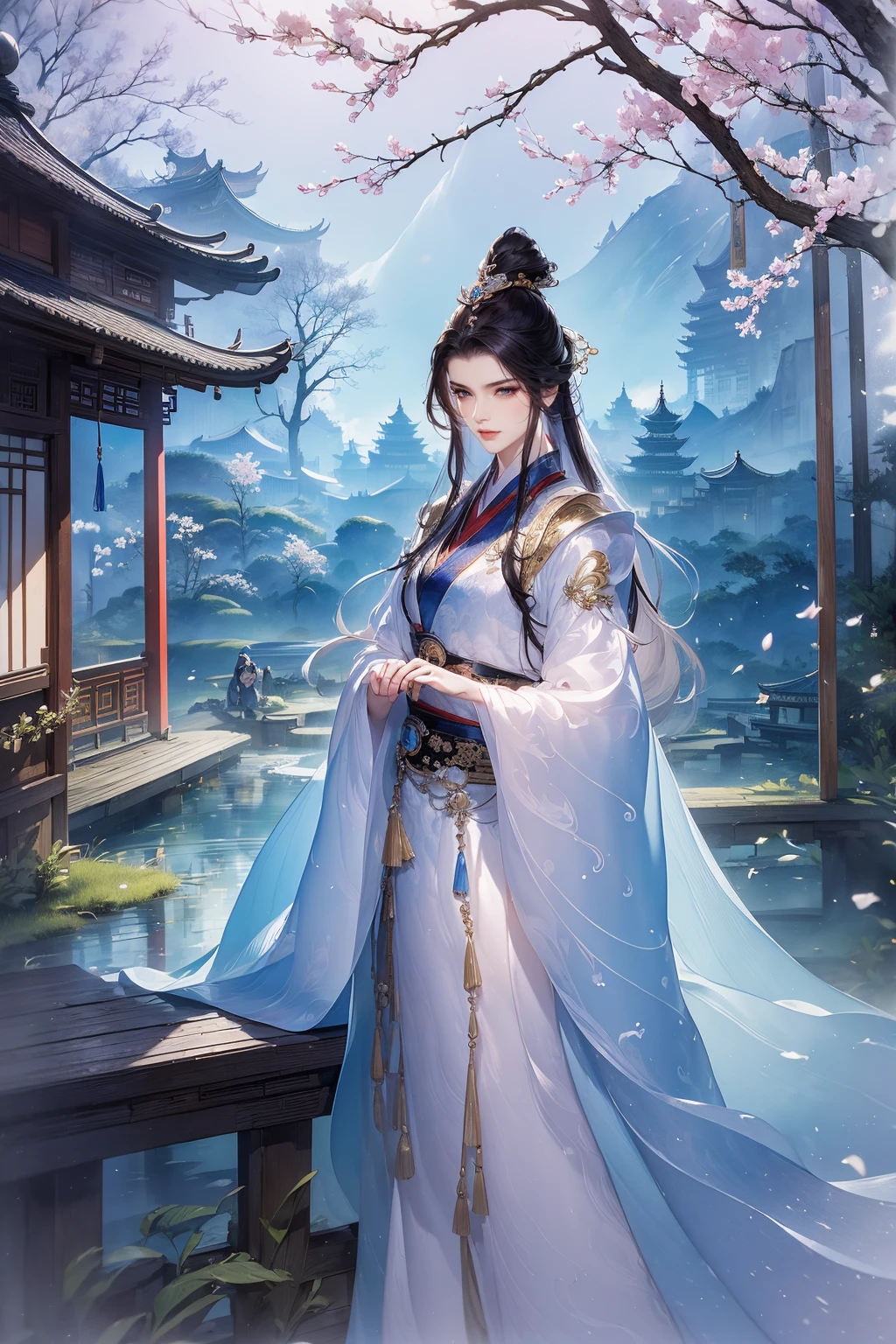 (Best quality at best,A high resolution,The image is clear:1.2),Ultra detailed backgrounds,Beautiful man standing,Chinese-style clothes,,Garden scene,under moonlight,waterfall man,Crane,Romantic atmosphere,Dutch Angle Shot,gentlesoftlighting,shelmet