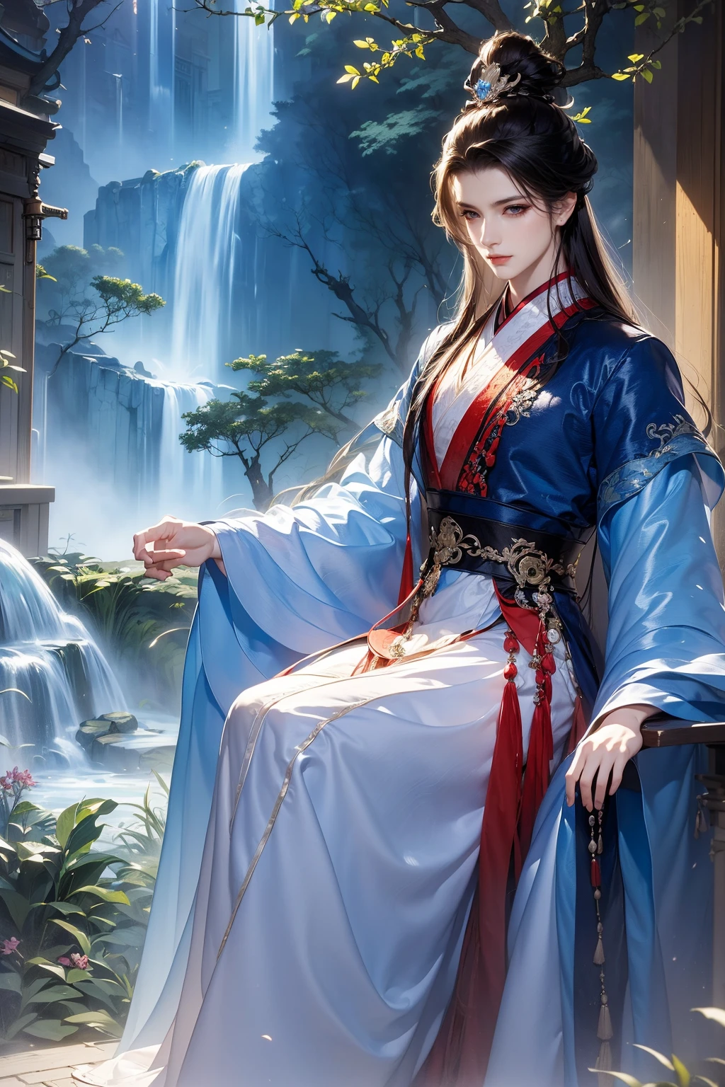 (Best quality at best,A high resolution,The image is clear:1.2),Ultra detailed backgrounds,Beautiful man standing,Chinese-style clothes,,Garden scene,under moonlight,waterfall man,Crane,Romantic atmosphere,Dutch Angle Shot,gentlesoftlighting,shelmet