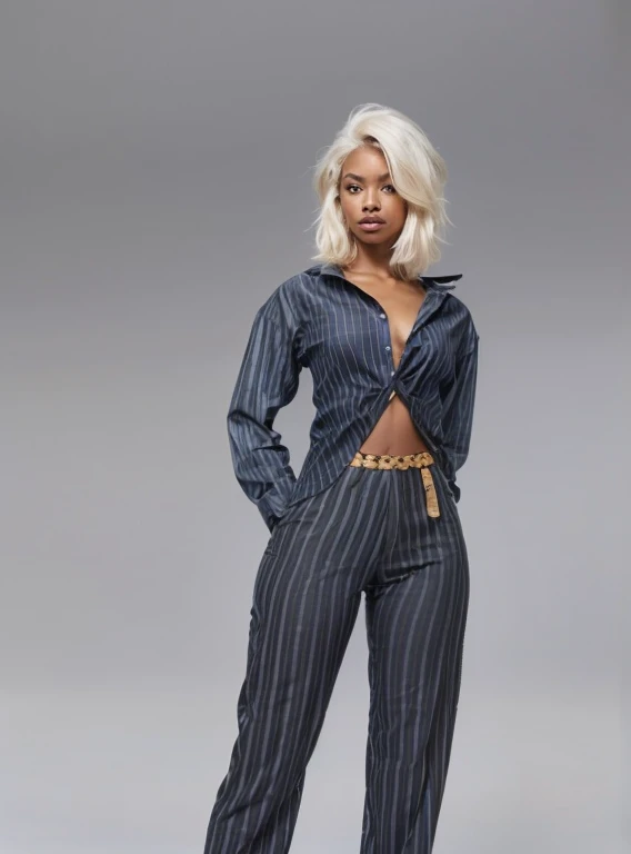 A solo full shot of an attractive ((brown skin young woman ))she is beautiful and petite ((wearing a pin striped shirt and pants )) ((lifelike skin texture)) ((very detailed image )) she has a petite figure ((stunning eyes and a sharp nose)) a perfect ((blonde white hair)) ((standing in a neat living room))0 UHD, a Masterpiece,Realistic textures,(( hyper-realistic)), 8k, photorealistic, XT3 grain,Fujifilm((ines c dos Santos)) striped shirt and pants