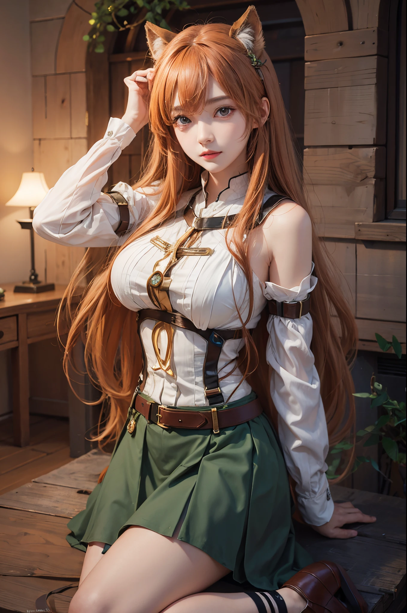 Young woman,Twenty-five years old, Beautiful face, Long orange hair, Wearing Central European clothing, Big chest, Thin waist, Big butt, Lie flat on a wooden table., Manga drawing v3.0