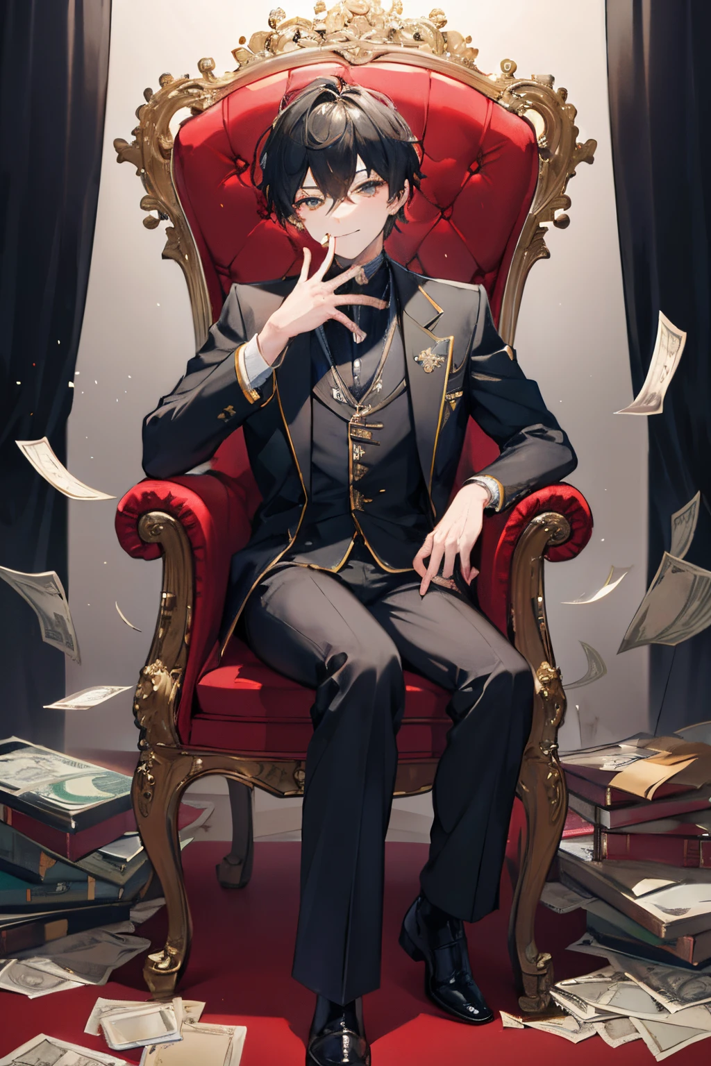 Boy sitting on expensive chair,money all around,All over the body are valuable decorations