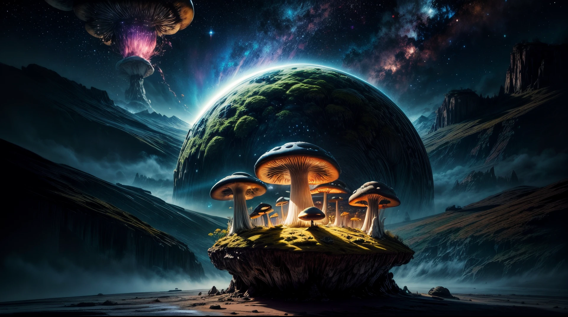 "Science fiction landscape, luminous ((mushrooms)), interstellar clouds, breathtaking colors, celestial bodies, futuristic atmosphere, (captivating composition), alien terrain, cosmic beauty,