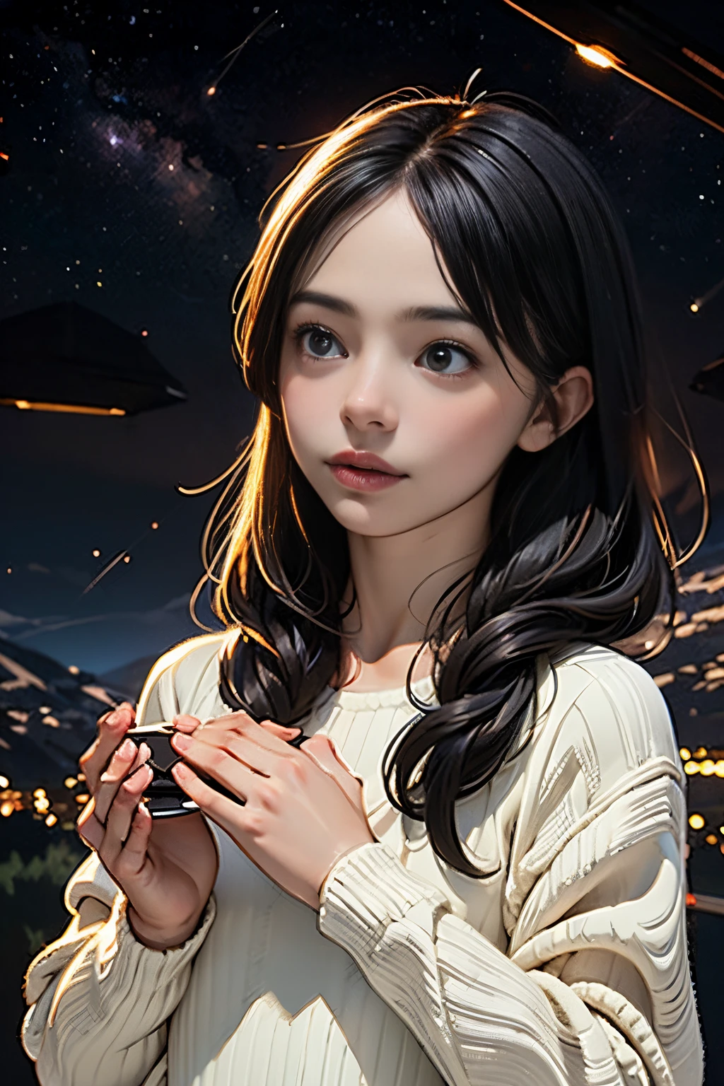 up looking_Away、Night、look up to:1.5、sky at night、milkyway、Countless stars々、1 girl in、8 Head Body、Long sleeve white dress、Box Dress、in mountains、Dark lighting、Dark darkness
