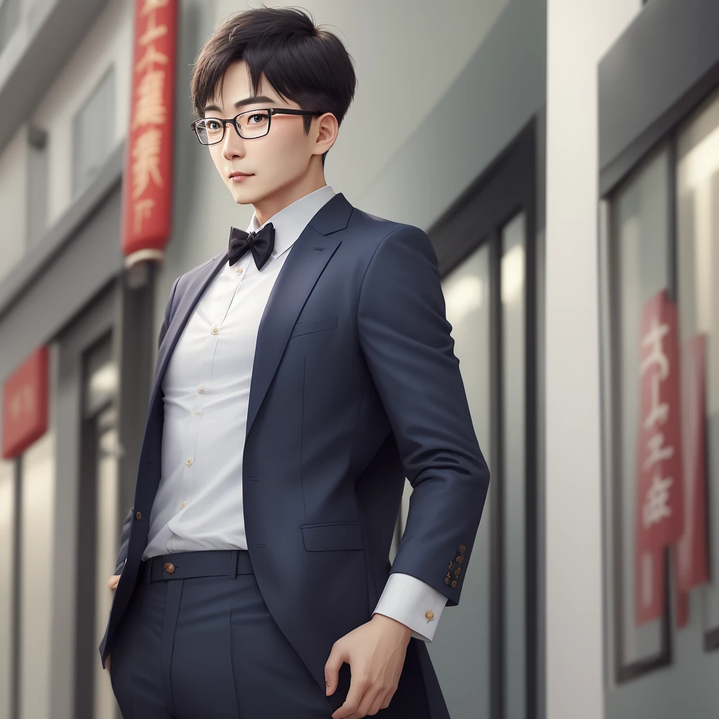 Wise male consultant wearing glasses, short hair, Chinese suit