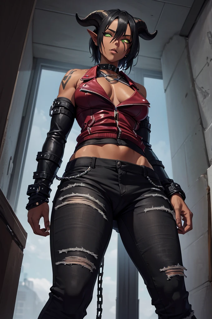 (Masterpiece) (High Detail) (High Res) (Black Skin) Looking from below A tall black humanoid FutEred with dark skin and ebony flesh and green eyes and short black hair and half her head shaved and goat ears and short dark goat horns and a toned body and average to small breasts and dressed in a red jacket with exposed shoulders and jeans with chains and straps like a punk with a crotch bulge