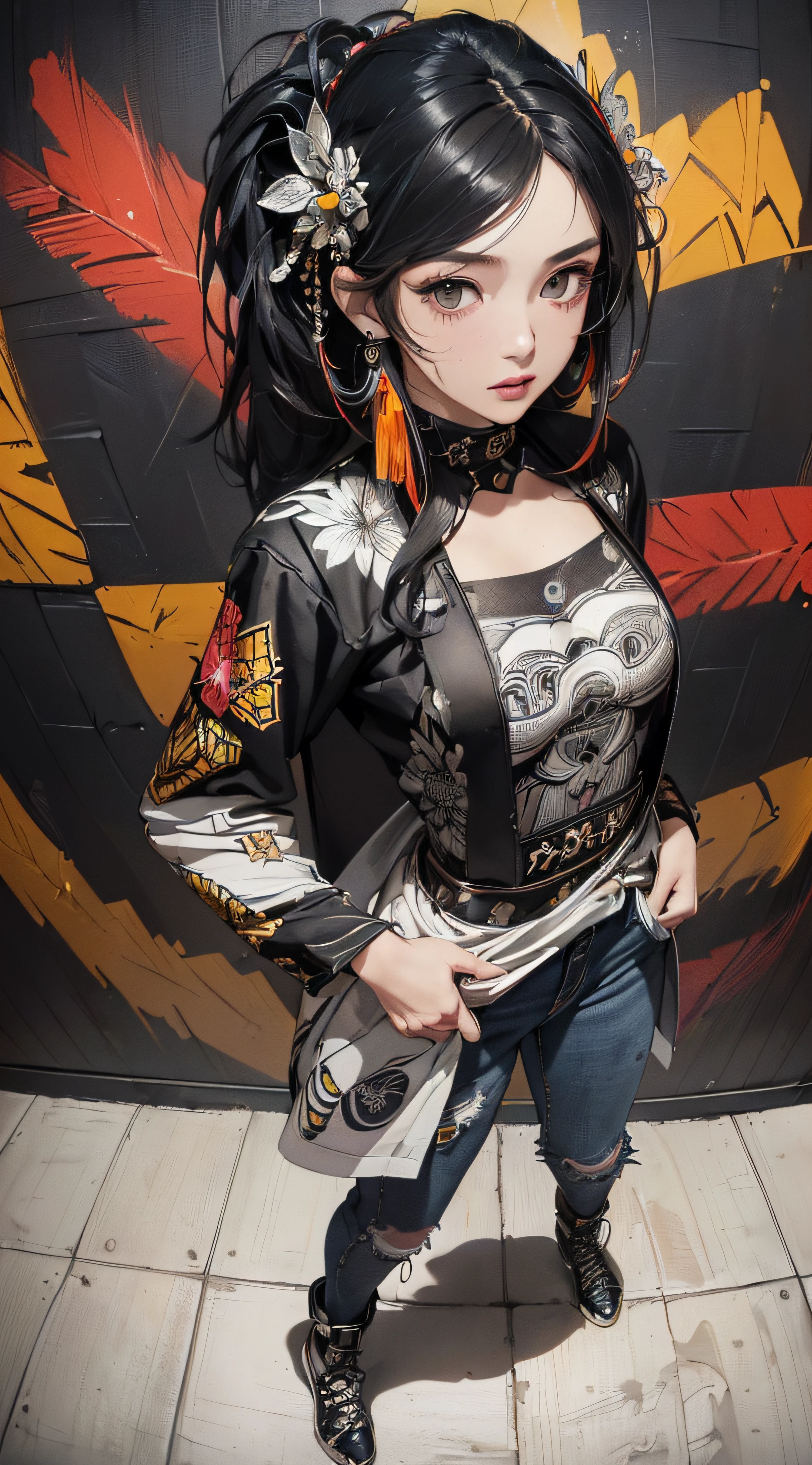 (((8k wallpaper of extremely detailed CG unit:1.2, masterpiece, hight resolution:1.2, top-quality:1.2, masutepiece))), ((a very beautiful woman, Hands in pockets:1.8, Grunge Fashion:1.2, Wear outerwear:1.2, wearing skinny jeans, Wearing shoes)), ((extra detailed face, Highly detailed black eyes, extra detailed body, Top quality real texture skins)), (A dark-haired, length hair, de pele branca), ((Colorful geometric patterns are painted all over the wall..., Colorful wall)), (high-angle:1.2, Fisheye:1.3), hyper realisitic, digitial painting,