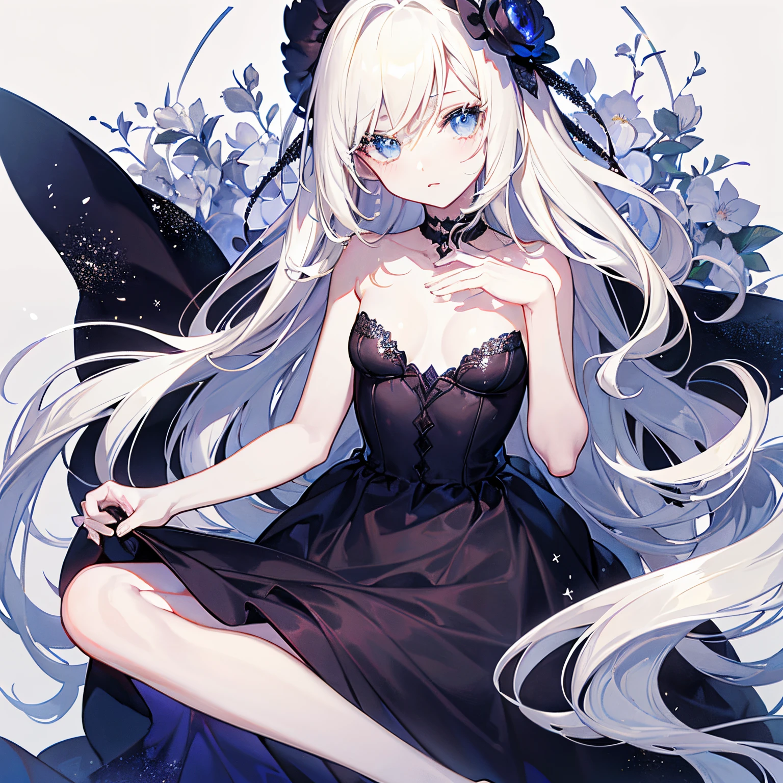 1 girl in, no smile, sparkling navy blue eyes, (blonde hair) , small stature, small breasts, loli, (masutepiece:1.2, Best Quality), (finely detailed beautiful eye: 1.2), (beautifull detailed face), High contrast, (Best Illumination, extremely delicate and beautiful), ((Cinematic Light)), Dramatic light, (Pale white background:1.5), medium cut hair, collarbone, black long dress,