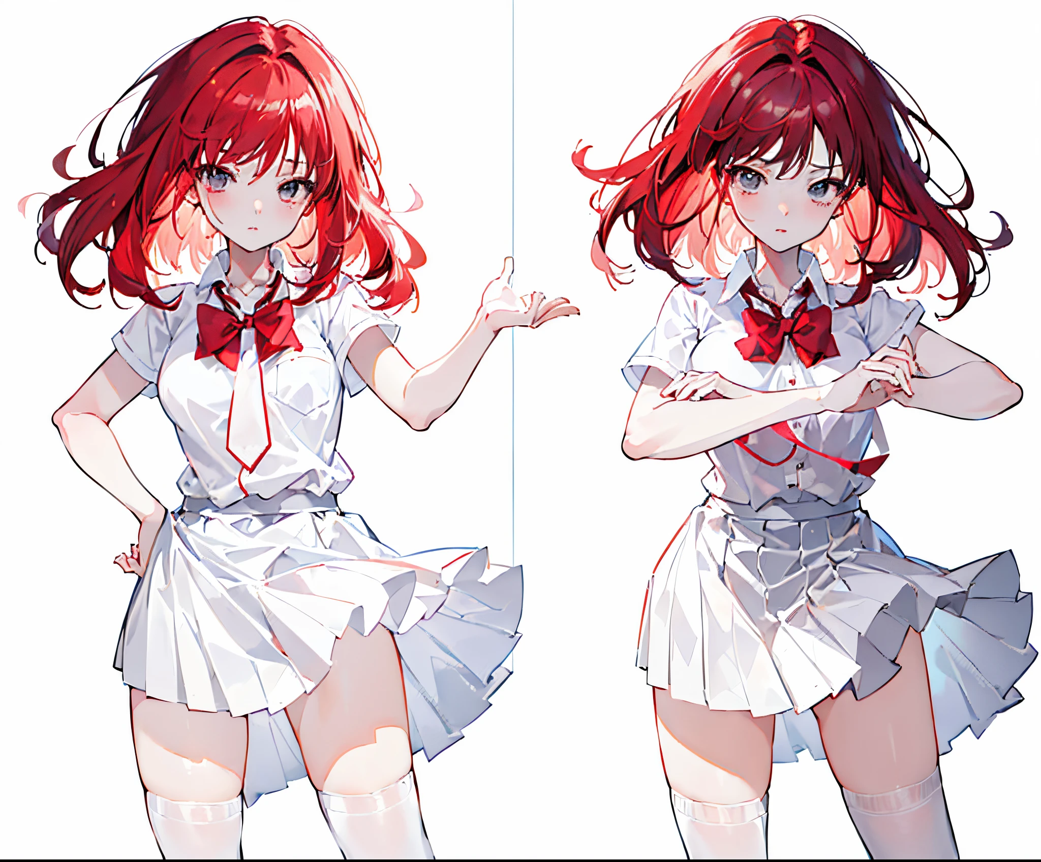(simple background, WHITE background: 1.3) natural lighting, character design, anime girl in a school uniform with short red hair, wearing a white shirt with a grey tie, wearing a grey skirt and white stocking, anime-style character, in flat anime style shading, in the art style anime, in anime style, anime character