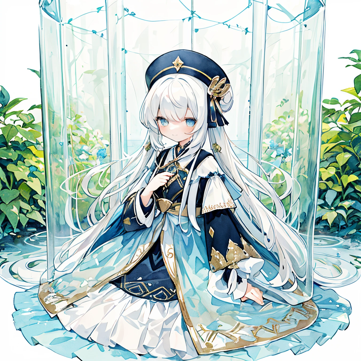 Transparent watercolor,girl with,Jewel Eyes,Beautiful arrangements and motifs、A slight smil、Originality、GAMECHARACTER DESIGN、depth of fields , Fantastic, Beauty、Transparency、GAMECHARACTER DESIGN、(one girls:1.0)、troubadour、white hair、Hats