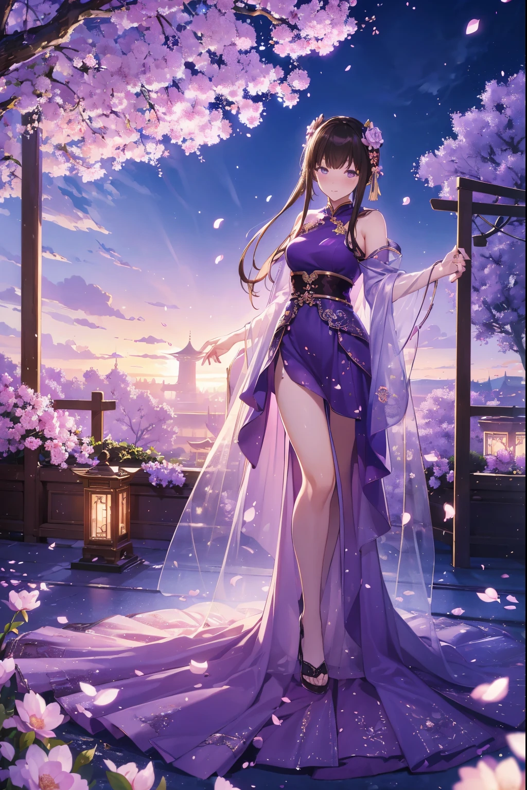 (Best quality at best,A high resolution,The image is clear:1.2),Ultra detailed backgrounds,Beutiful women,The stands up，purple dress，Chinese-style clothes,Delicate petals,Garden scene,under moonlight,Romantic atmosphere,Dutch Angle Shot,gentlesoftlighting,shelmet